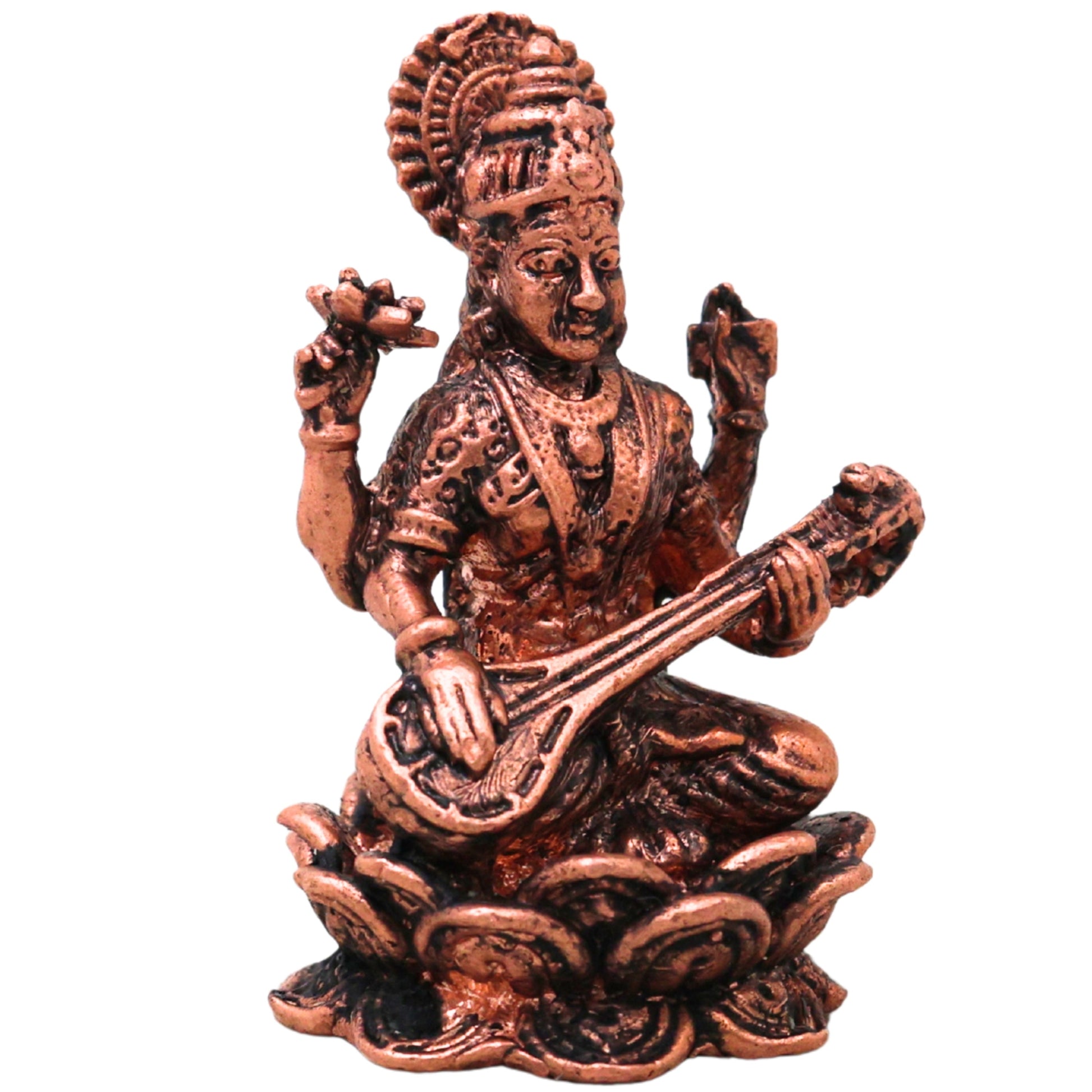 Copper Saraswati Murti Sharada Vagdevi Veenavadini Vidya Devi Idol for Pooja Mandir Home Decor, Brown, 2 Inch, 1 Piece
