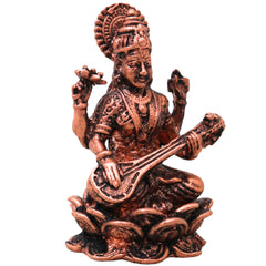 Copper Saraswati Murti Sharada Vagdevi Veenavadini Vidya Devi Idol for Pooja Mandir Home Decor, Brown, 2 Inch, 1 Piece
