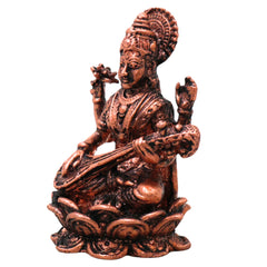 Copper Saraswati Murti Sharada Vagdevi Veenavadini Vidya Devi Idol for Pooja Mandir Home Decor, Brown, 2 Inch, 1 Piece