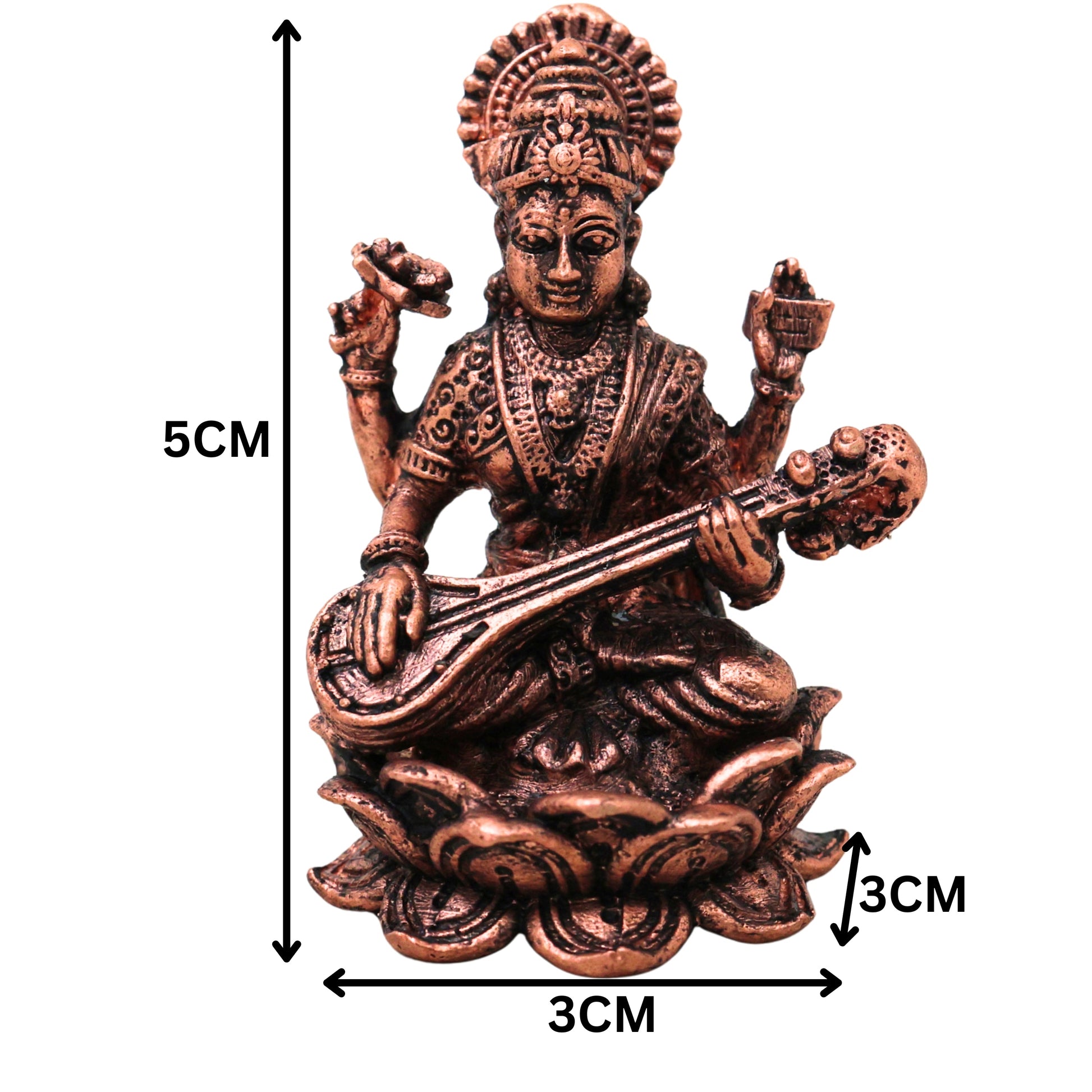 Copper Saraswati Murti Sharada Vagdevi Veenavadini Vidya Devi Idol for Pooja Mandir Home Decor, Brown, 2 Inch, 1 Piece