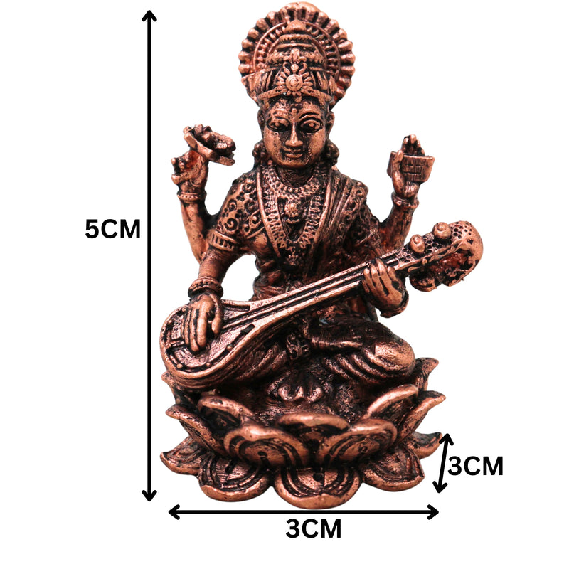 Copper Saraswati Murti Sharada Vagdevi Veenavadini Vidya Devi Idol for Pooja Mandir Home Decor, Brown, 2 Inch, 1 Piece