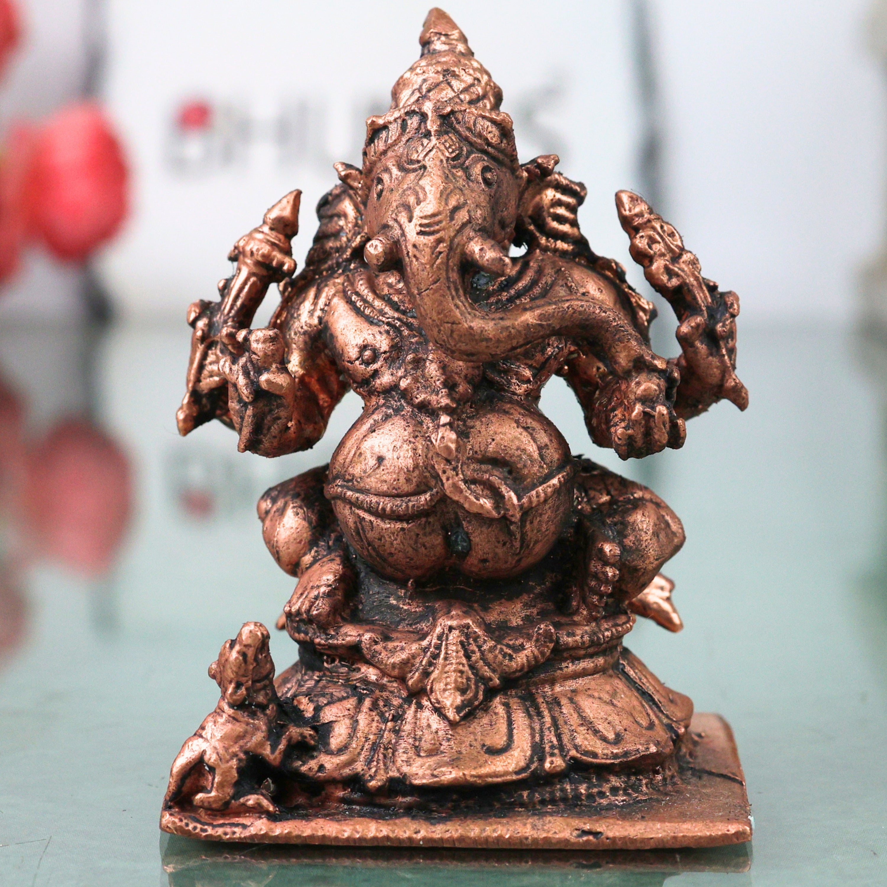 Copper Ganesha Idol Tamra Ganpati Vinayaka Murti Vighneshwar Pillaiyar Statue for Pooja Home Decor Gift, Brown, 3 Inch, 1 Piece