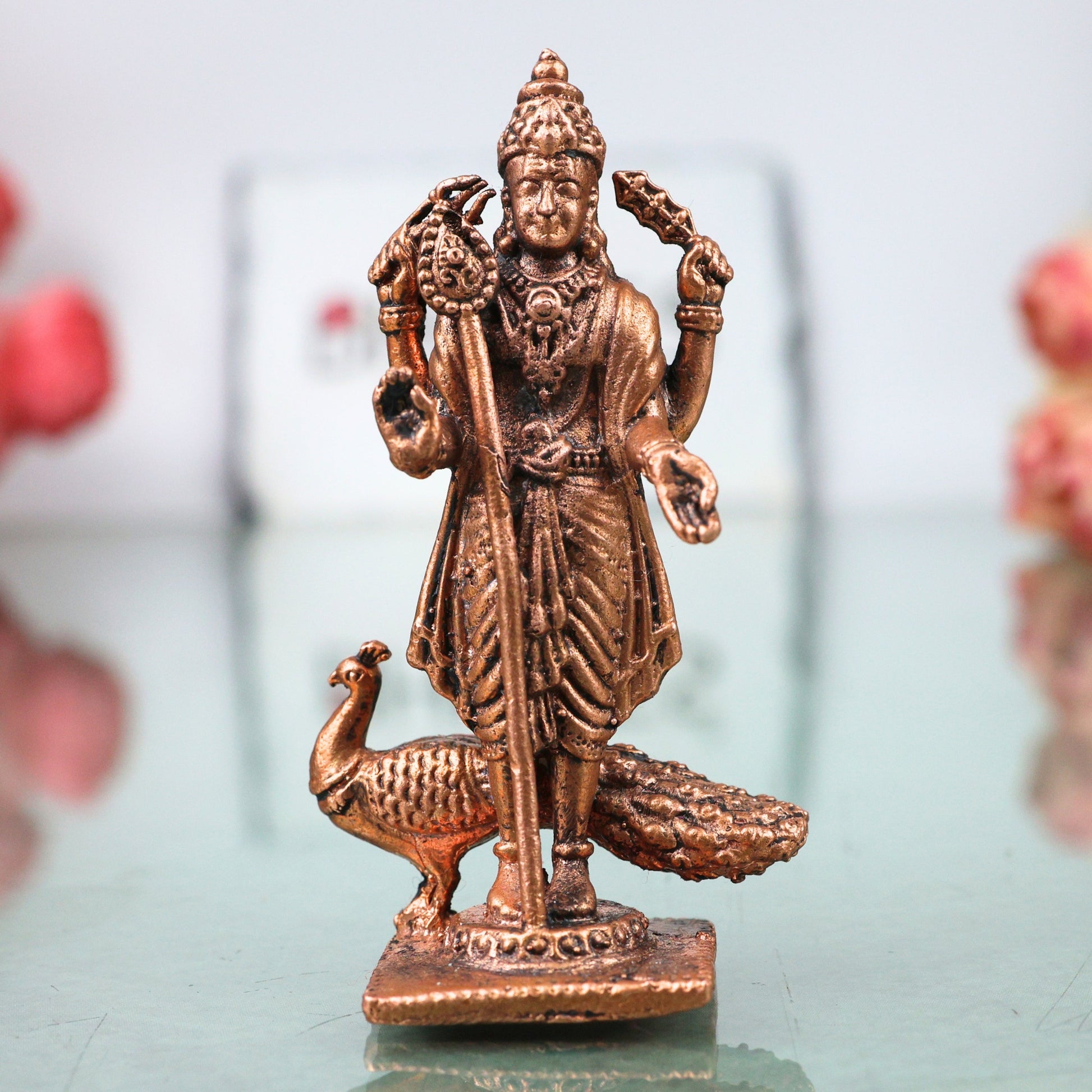 Copper Murugan Idol Kartikeya Skanda Subramanya Shanmukha Kumara Velayudhan Velan Guha Senthil Dandapani Devata Murti for Pooja Mandir Decor Gift 7 cm, Brown, 3 Inch, 1 Piece