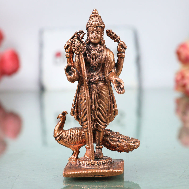 Copper Murugan Idol Kartikeya Skanda Subramanya Shanmukha Kumara Velayudhan Velan Guha Senthil Dandapani Devata Murti for Pooja Mandir Decor Gift 7 cm, Brown, 3 Inch, 1 Piece