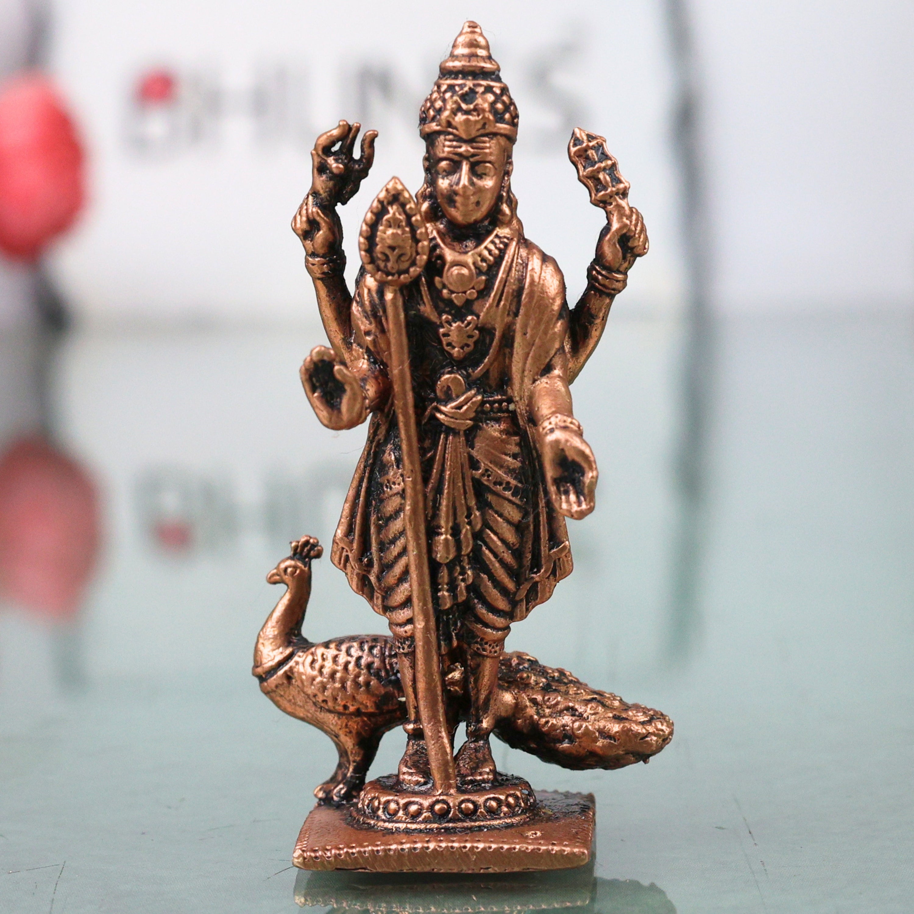Copper Murugan Idol Kartikeya Subramanya Shanmukha Swamy Murti for Pooja Mandir Home Decor Statue, Brown, 2.5 Inch, 1 Piece