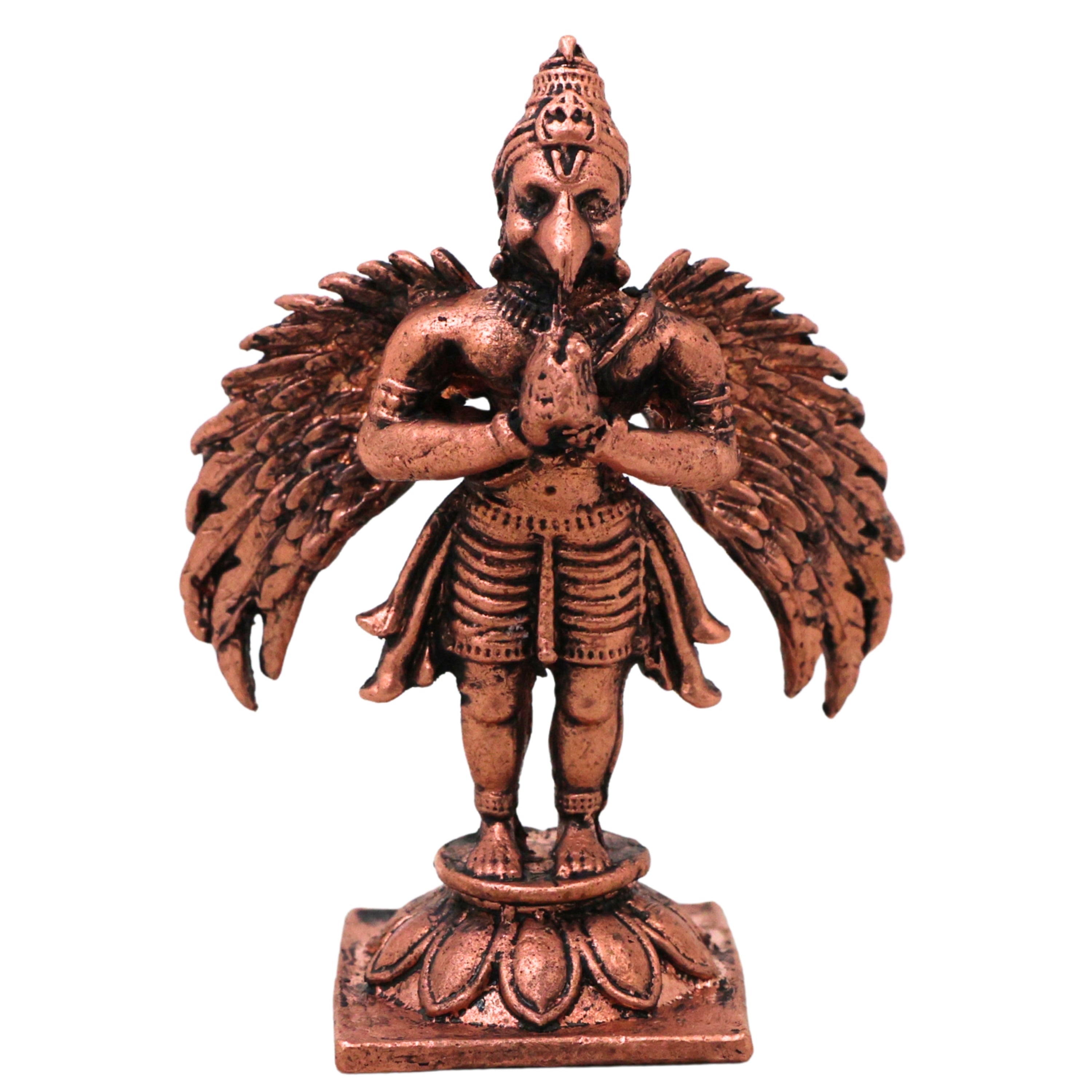 Copper Garuda Vainateya Pakshiraja Murti Idol Suparna Garutmanta Nagantaka Devata for Pooja Mandir Home Decor, Brown, 2.5 Inch, 1 Piece