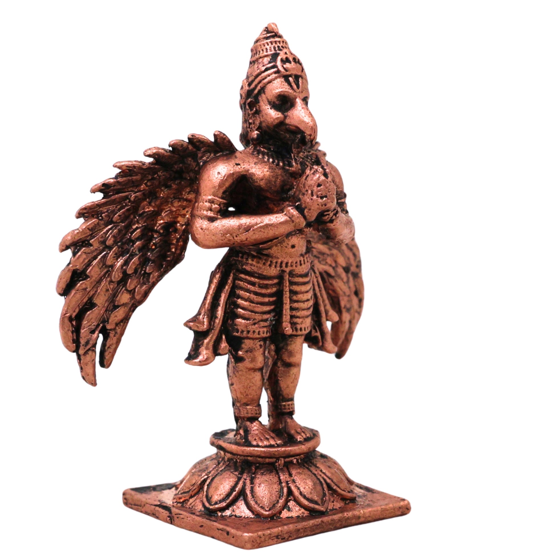 Copper Garuda Vainateya Pakshiraja Murti Idol Suparna Garutmanta Nagantaka Devata for Pooja Mandir Home Decor, Brown, 2.5 Inch, 1 Piece