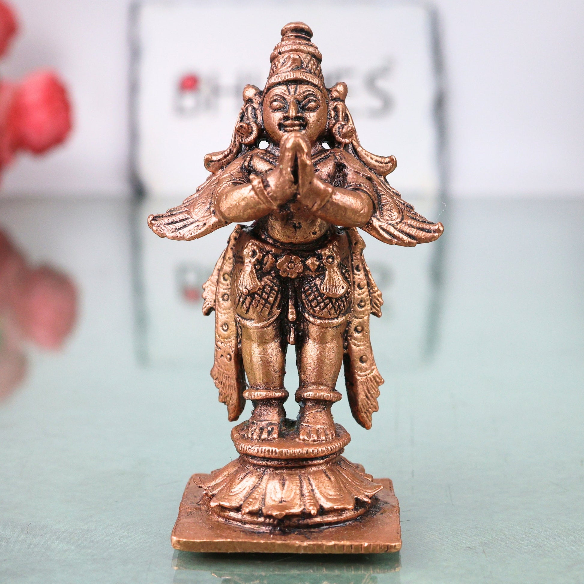 Copper Garuda Vainateya Pakshiraja Murti Idol Tamra Garutmanta Vigraha for Pooja Mandir Decor, Brown, 3 Inch, 1 Piece