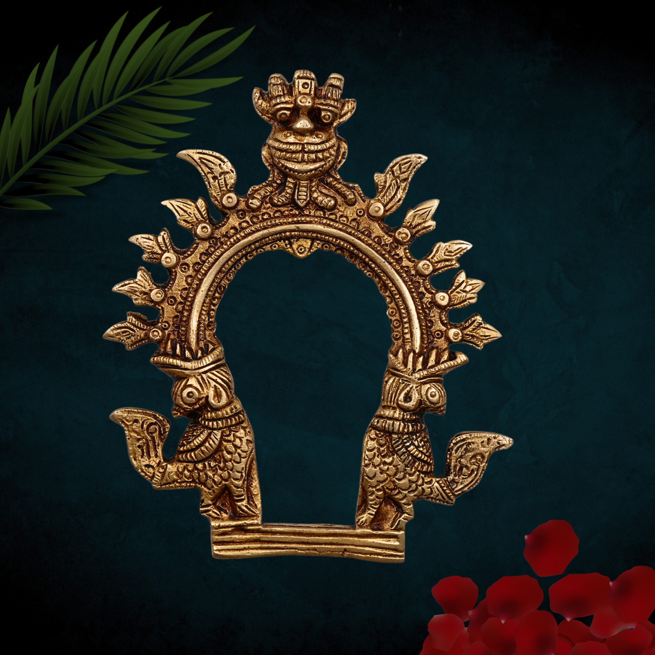 Bhunes Brass Small Prabhavali Arch Frame – Wall Hanging Prabhawali Prabhaval for Deity | Temple Home Decor | Traditional Kirtimukha Brass Backdrop, Gold, 6.5 Inch, 1 Piece