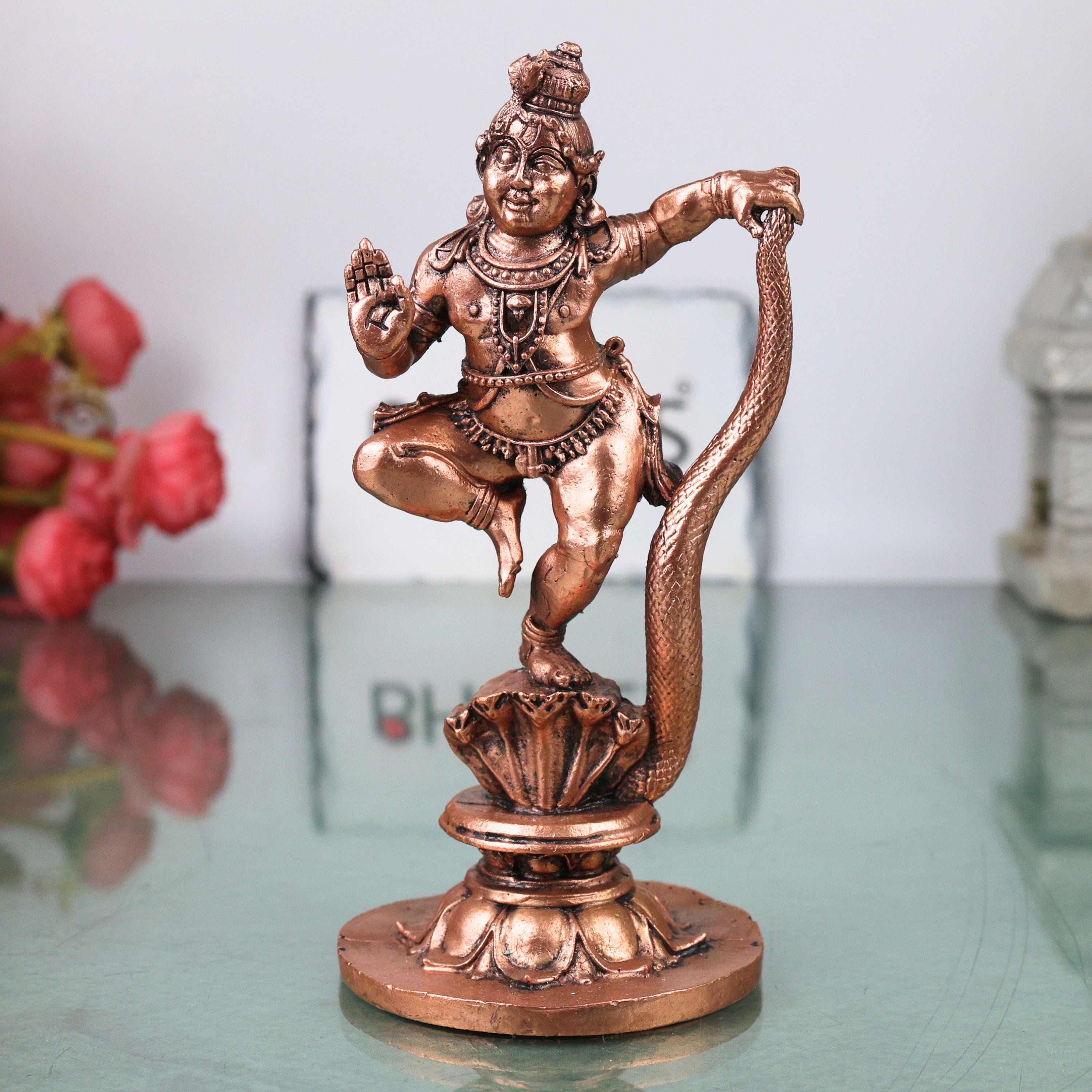 Copper Krishna Sheshnag Sheshashayi Anantashayana Nagashayana Murti Idol for Pooja Mandir Decor, Brown, 6 Inch, 1 Piece