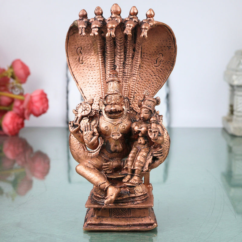 Copper Lakshmi Narasimha Swamy Copper Idol Ugra Narasimhar Perumal Murti Tamra Vigraha Puja Mandir Decor Statue, Brown, 6.5 Inch, 1 Piece