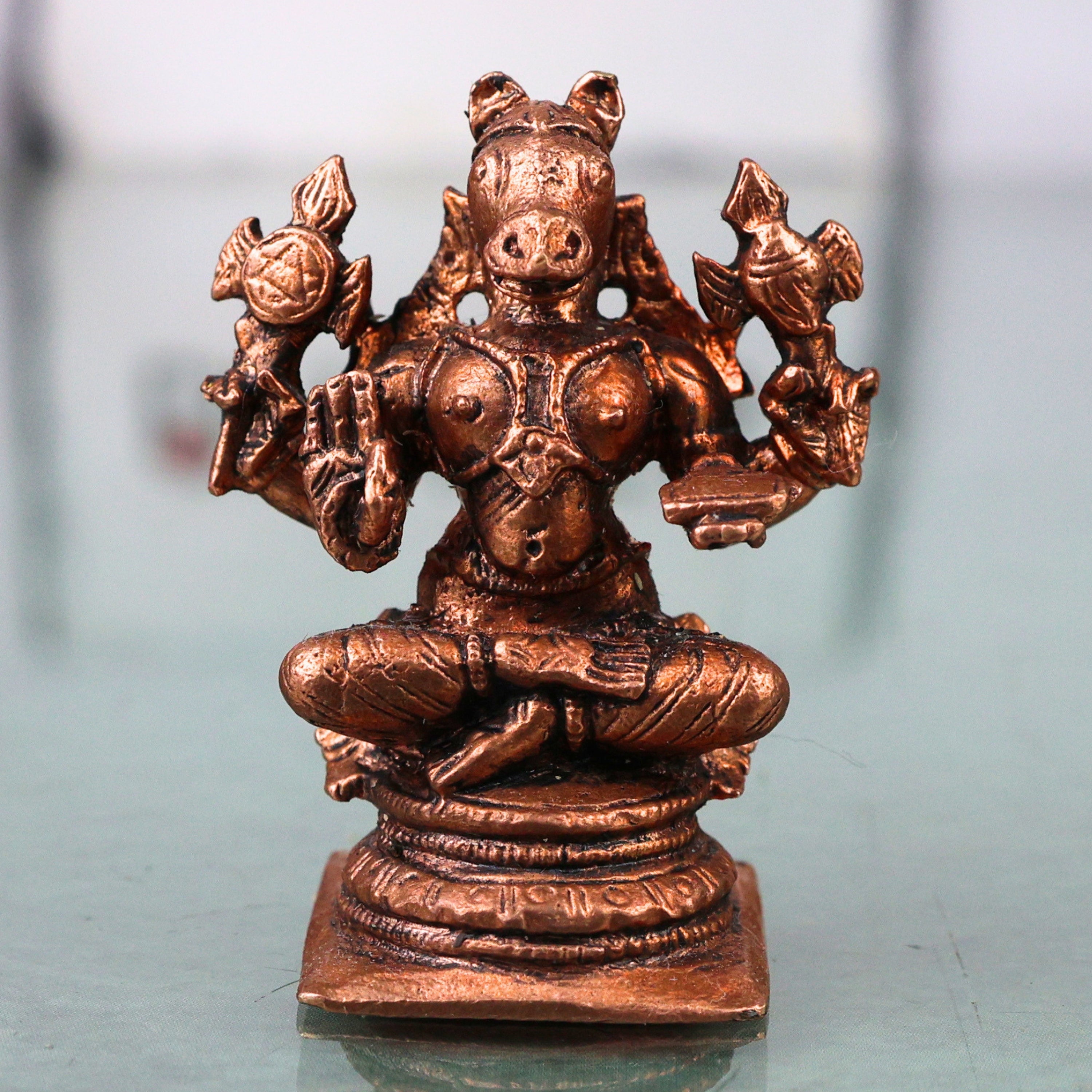 Copper Hayagriva Hayagreeva Lakshmi Hayagriva Murti Vidya Jnana Hayagriva Swamy Perumal Narayana Tamra Vigraha Idol Puja Mandir Decor Statue, Brown, 2 Inch, 1 Piece