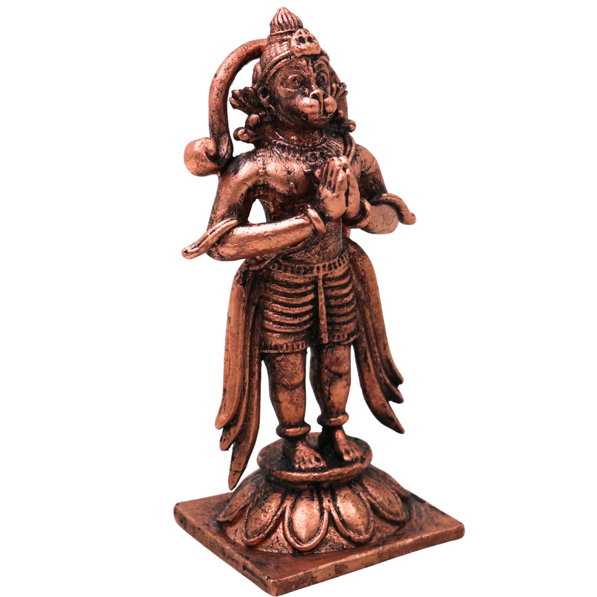 Copper Hanuman Idol Bajrangbali Anjaneya Maruti Sankat Mochan Murti Pooja Statue Home Decor, Brown, 3.5 Inch, 1 Piece