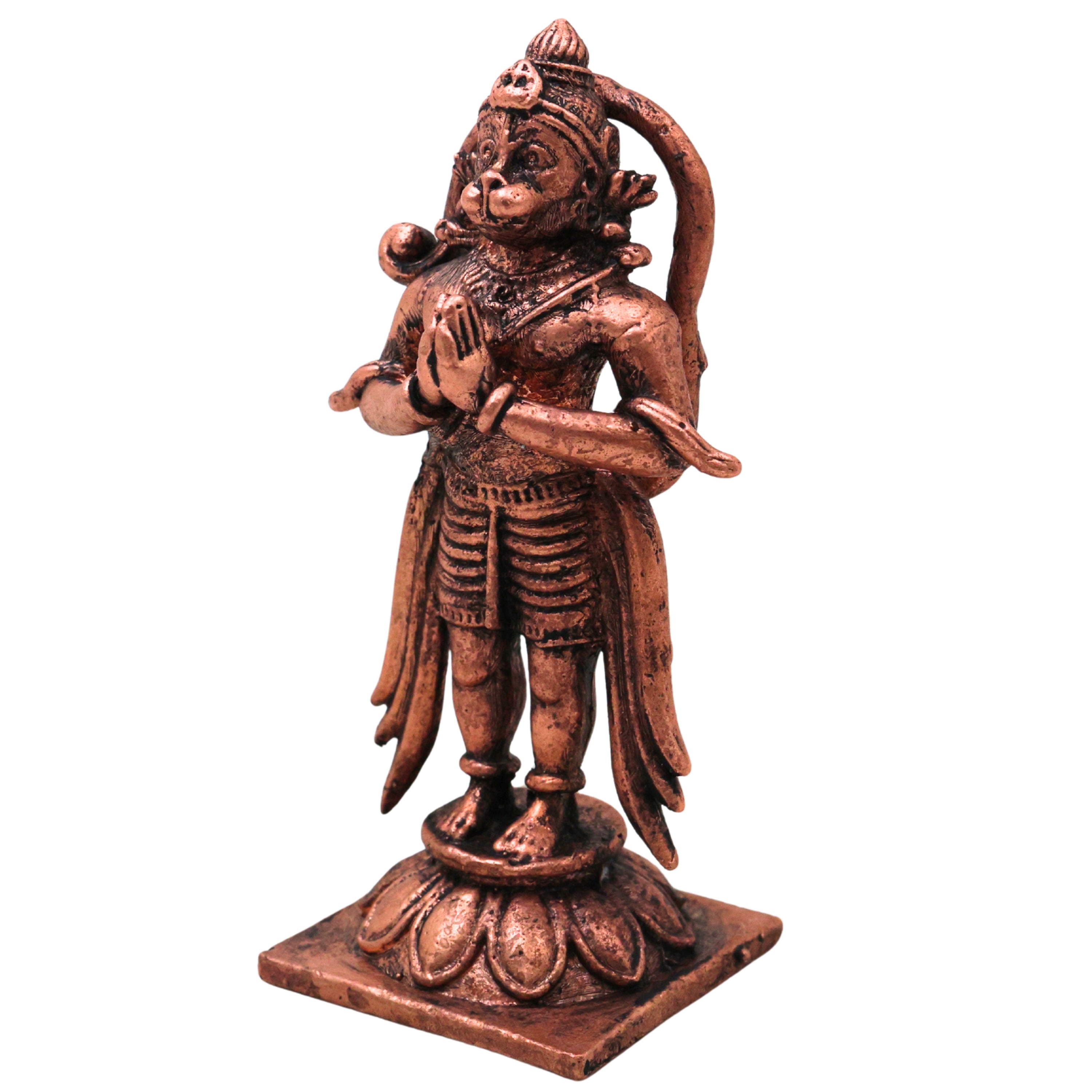 Copper Hanuman Idol Bajrangbali Anjaneya Maruti Sankat Mochan Murti Pooja Statue Home Decor, Brown, 3.5 Inch, 1 Piece