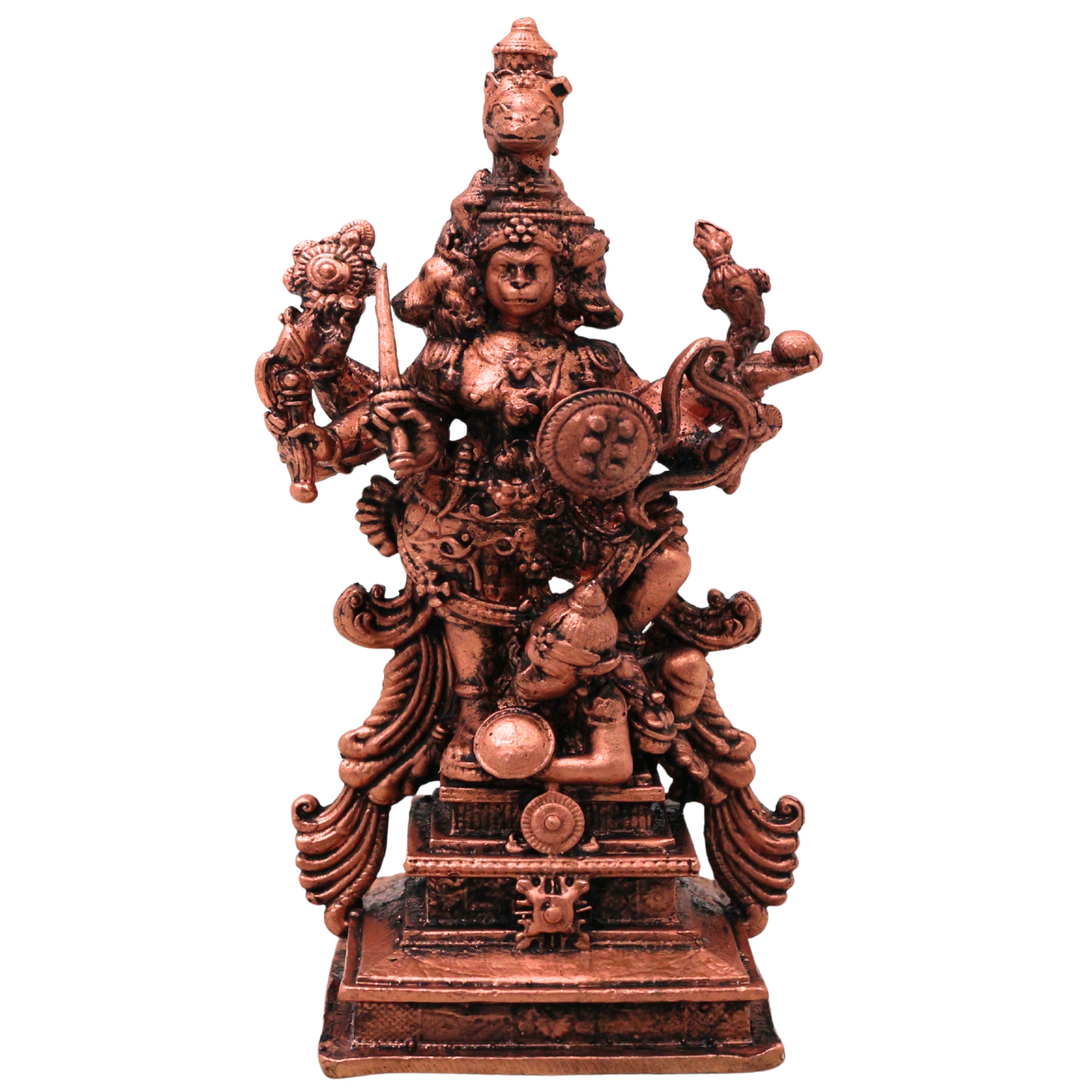 Copper Panchmukhi Veera Hanuman Idol Panchamukha Anjaneya Swamy Murti Tamra Bajrangbali Maruti Statue Pooja Decor, Brown, 3.5 Inch, 1 Piece