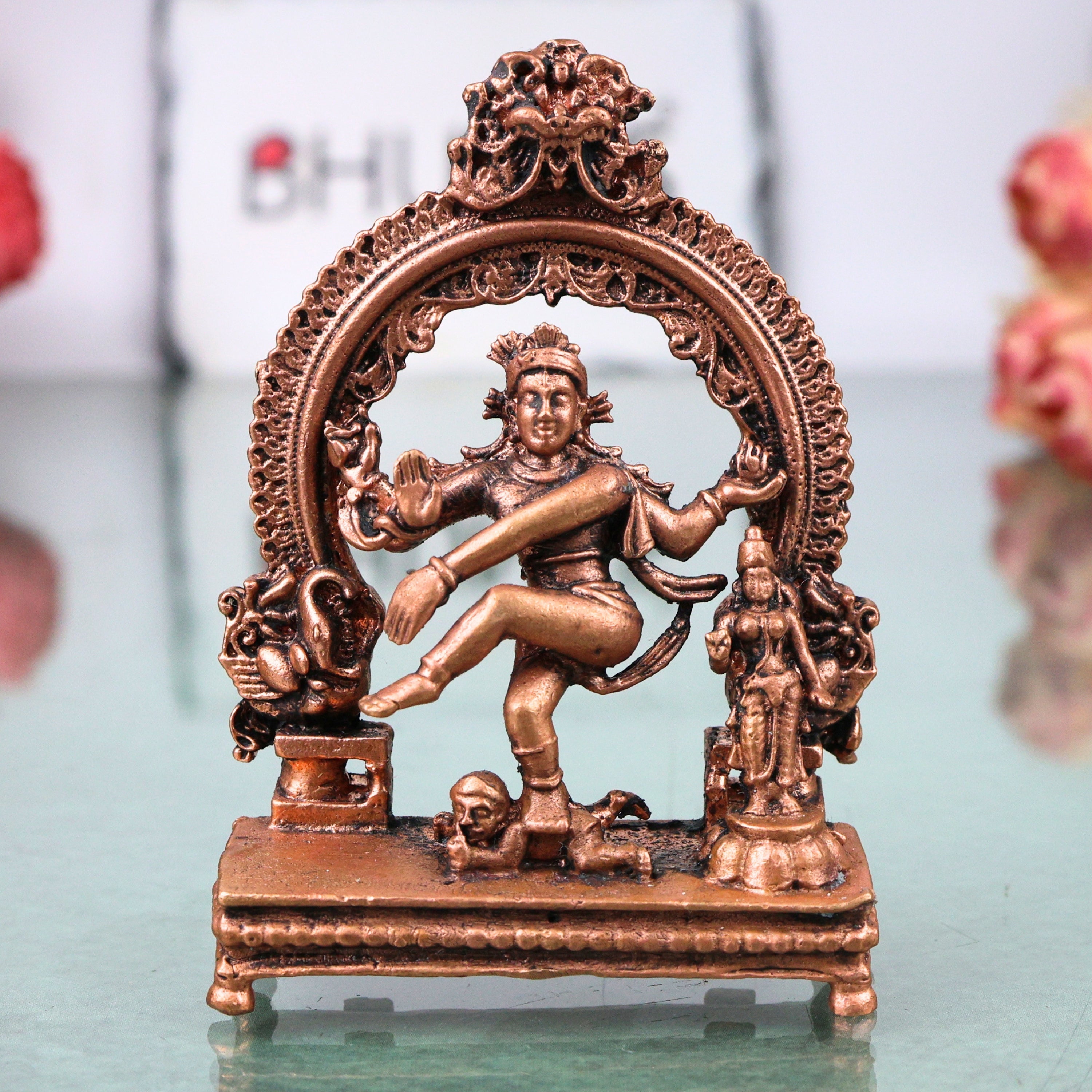 Copper Nataraja Idol Shiva Ananda Tandava Murti Tamra Nataraj Vigraha Statue, Brown, 3.5 Inch, 1 Piece