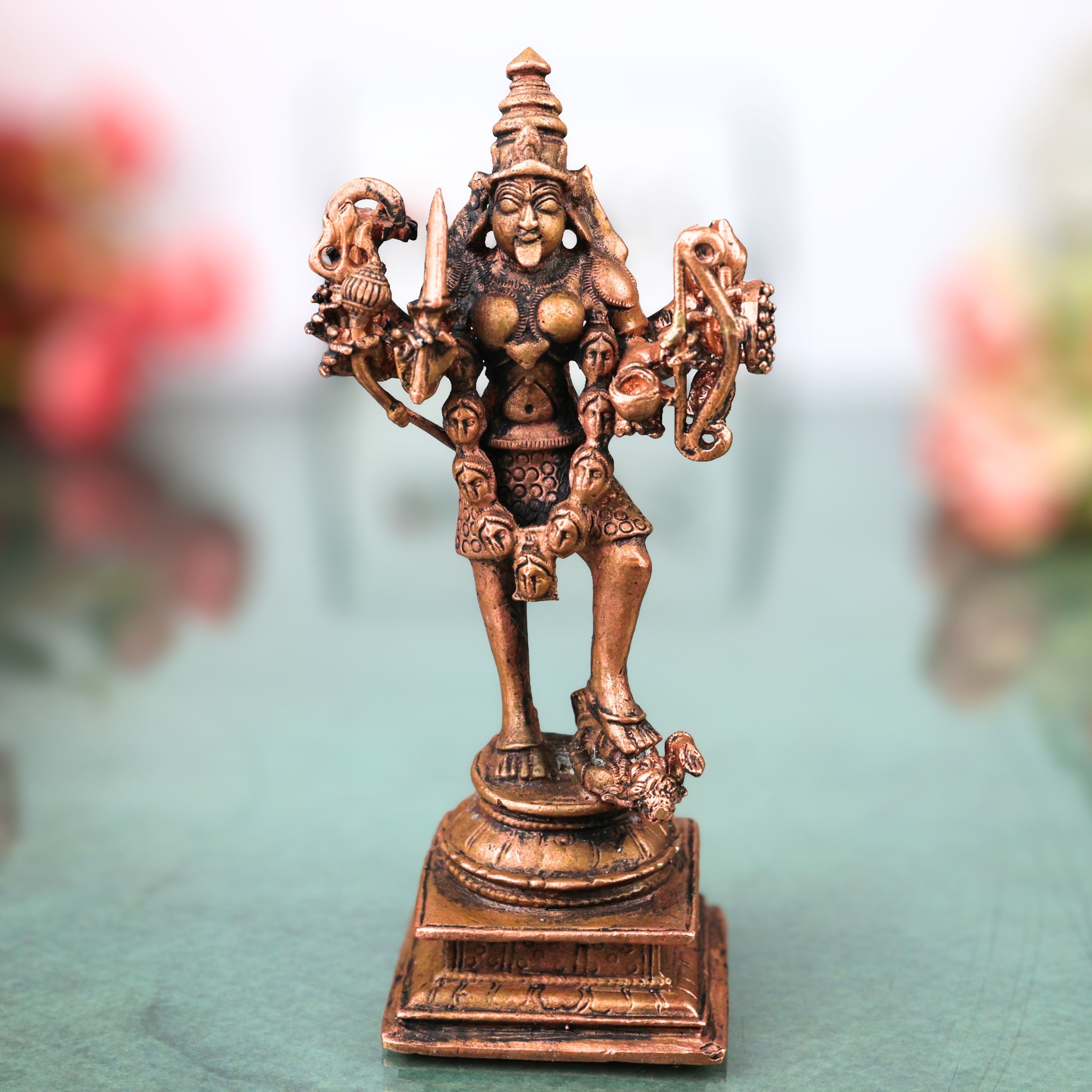 Copper Kali Idol Mahakali Kalika Dakshina Bhadrakali Devi Murti Pooja Statue Home Decor Tamra Vigraham Sculpture Gift, Brown, 6.5 Inch, 1 Piece