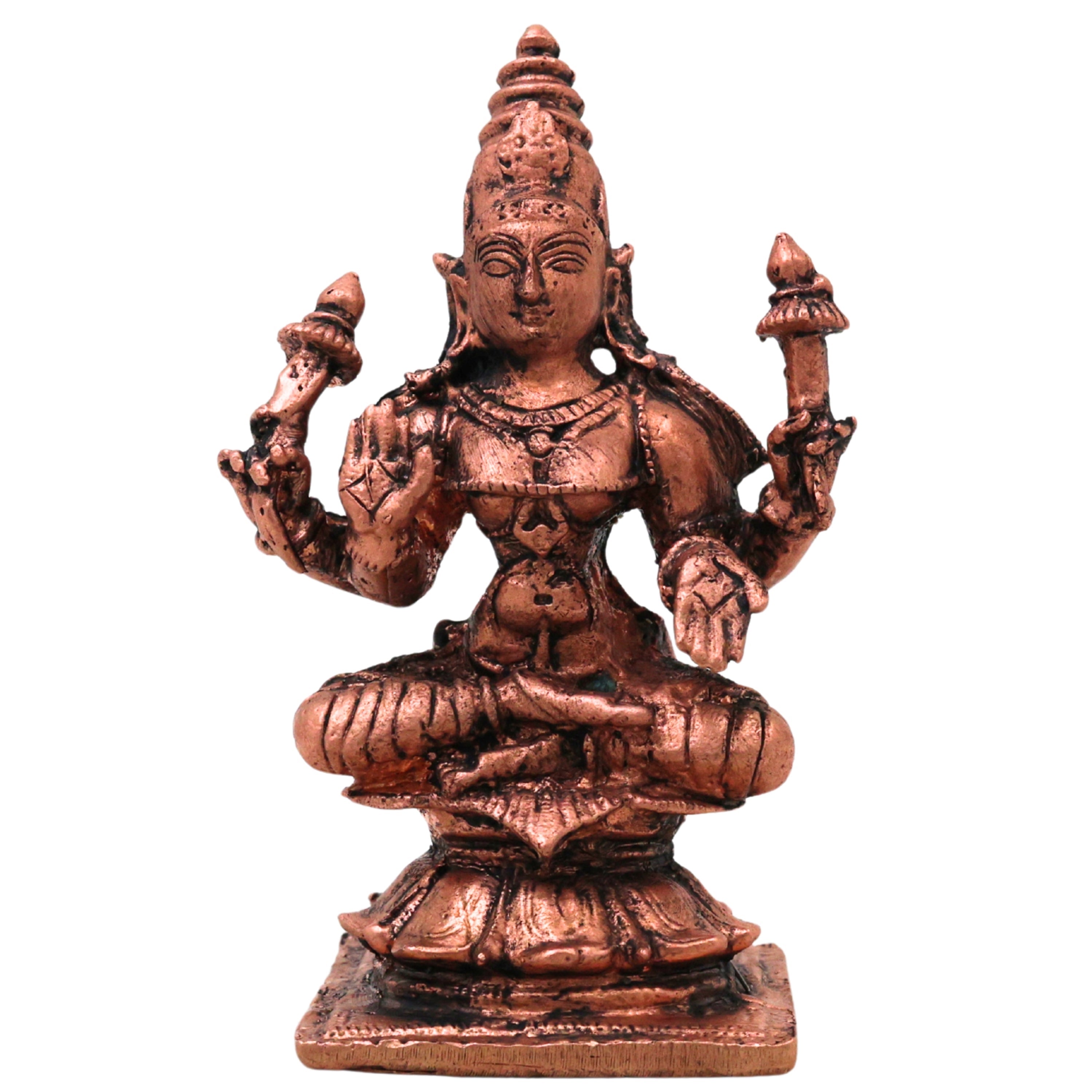 Copper Mahalakshmi Lakshmi Devi Murti Idol Tamra Lakshmi Mata Kamala Padma Vigraha for Pooja Decor Gift, Brown, 4 Inch, 1 Piece