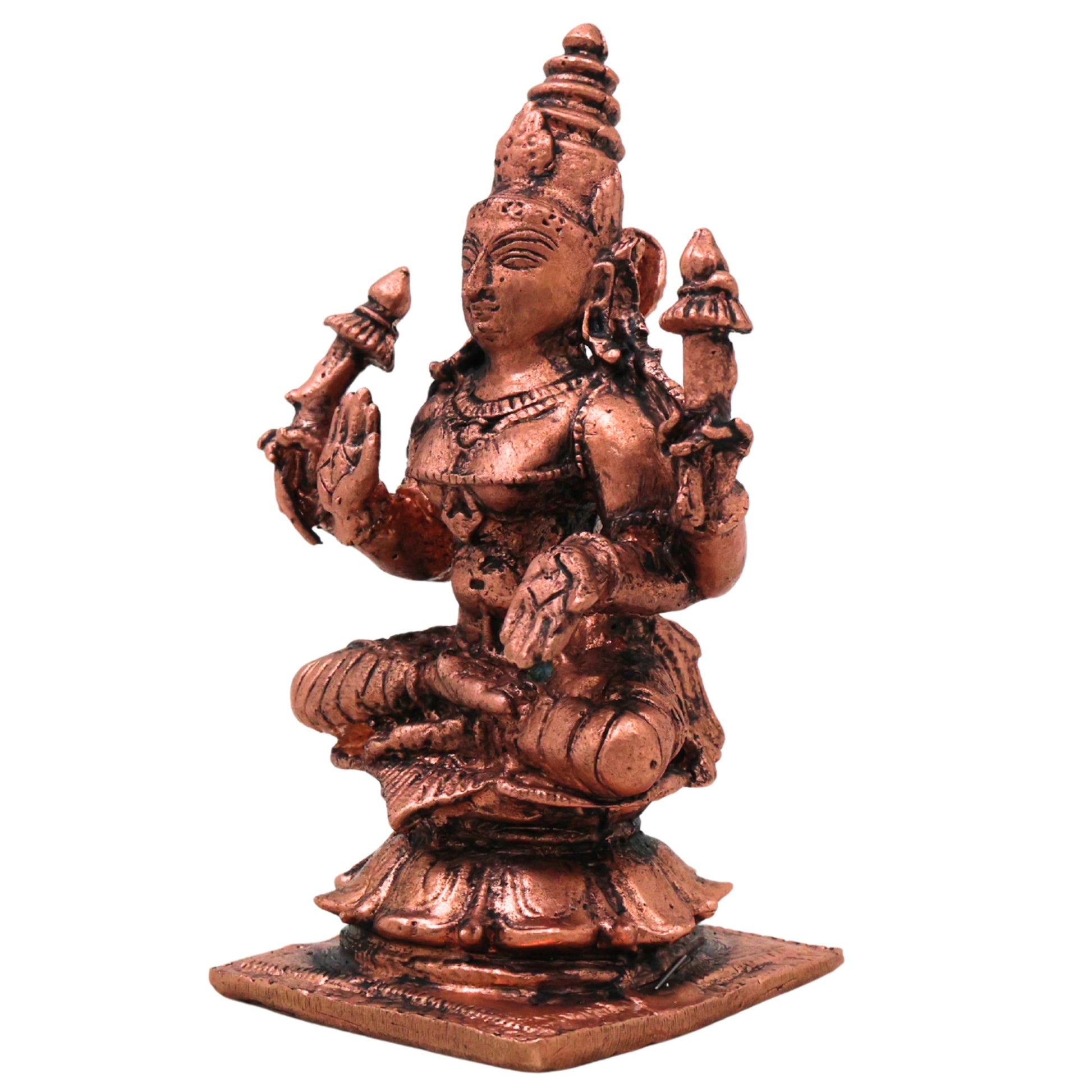 Copper Mahalakshmi Lakshmi Devi Murti Idol Tamra Lakshmi Mata Kamala Padma Vigraha for Pooja Decor Gift, Brown, 4 Inch, 1 Piece