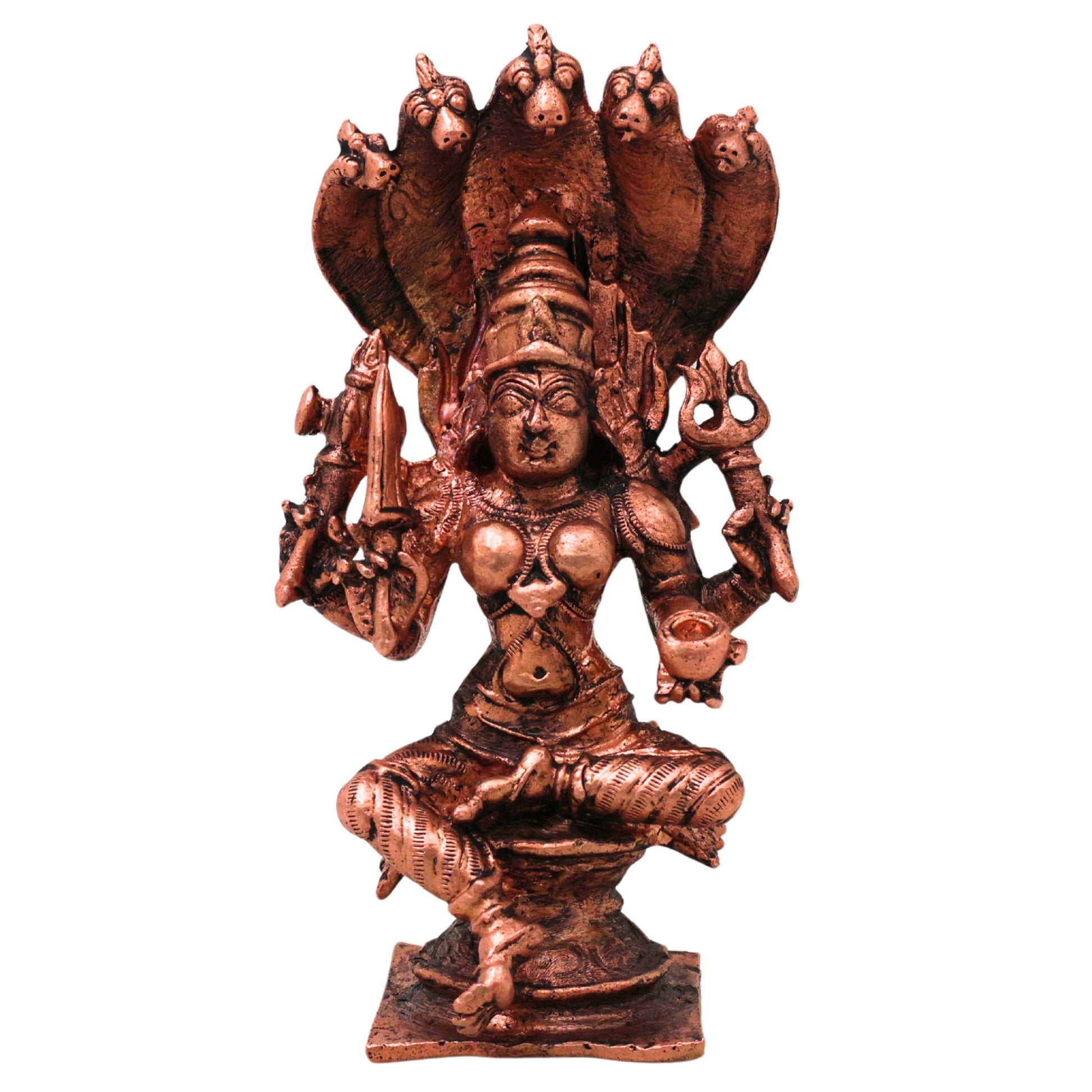 Copper Mariamman Idol Mariamma Devi Muthu Mariamman Murti Samayapuram Amman Statue for Pooja Home Decor Temple Vigraham Tamra Shakti Gramadevata Renuka Yellamma Sitala Mata Sculpture, Brown, 4.5 Inch, 1 Piece