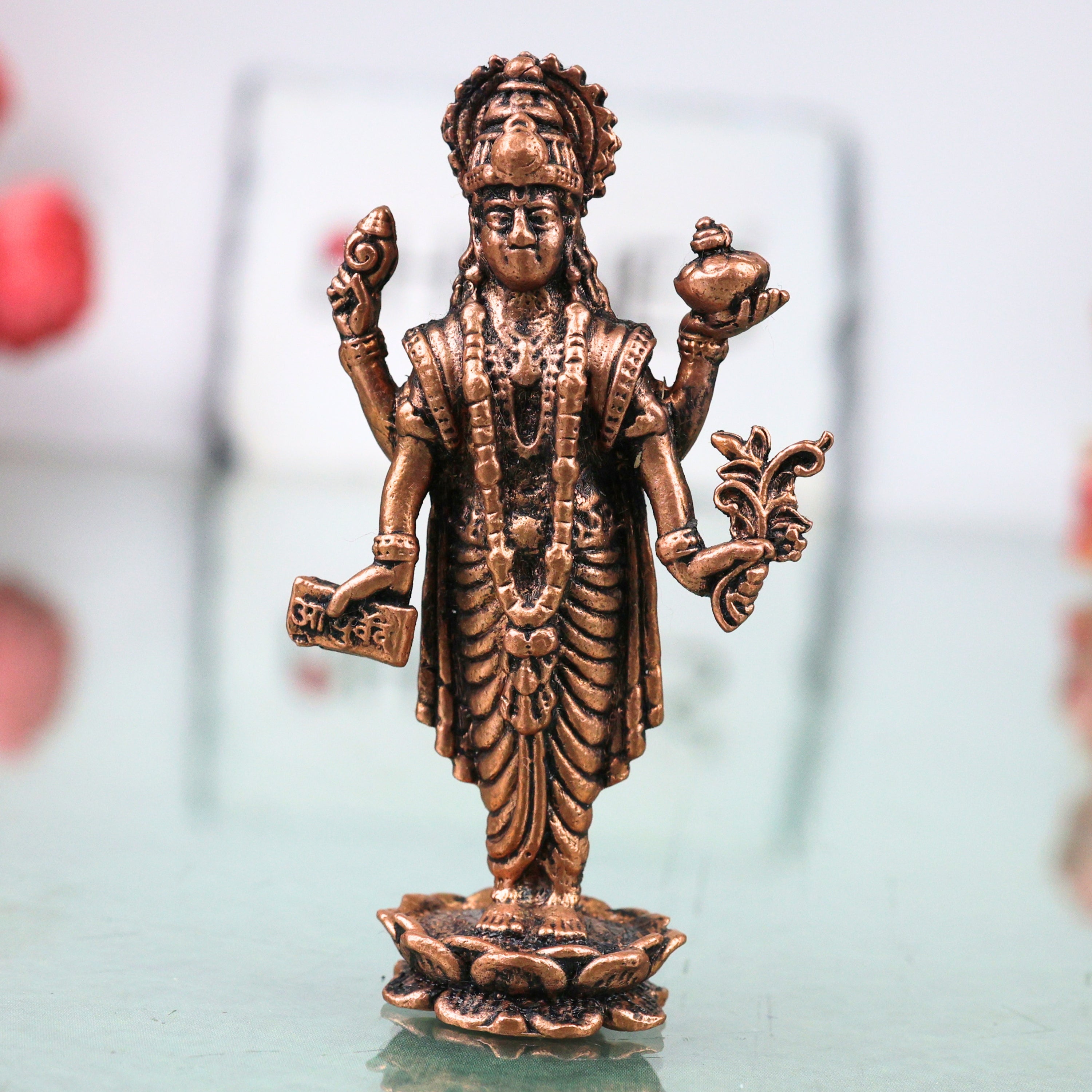 Copper Dhanvantari Bhagwan Murti Ayurveda God Medicine Vishnu Avatar Idol Puja Mandir Tamra Vigraha Healing Statue Home Decor Gift, Brown, 3 Inch, 1 Piece