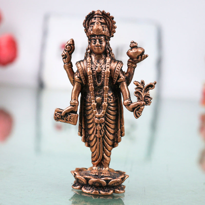 Copper Dhanvantari Bhagwan Murti Ayurveda God Medicine Vishnu Avatar Idol Puja Mandir Tamra Vigraha Healing Statue Home Decor Gift, Brown, 3 Inch, 1 Piece