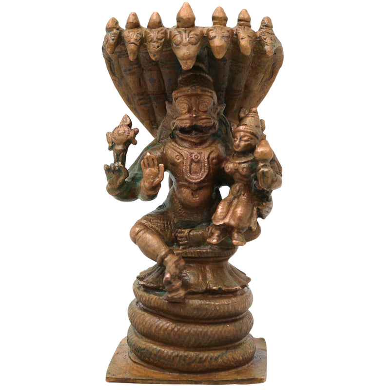 Bronze Lakshmi Narasimha Idol Ugra Narasimha Swamy Narahari Murti Vishnu Avatar Statue for Puja Mandir Home Decor, Brown, 4 Inch, 1 Piece