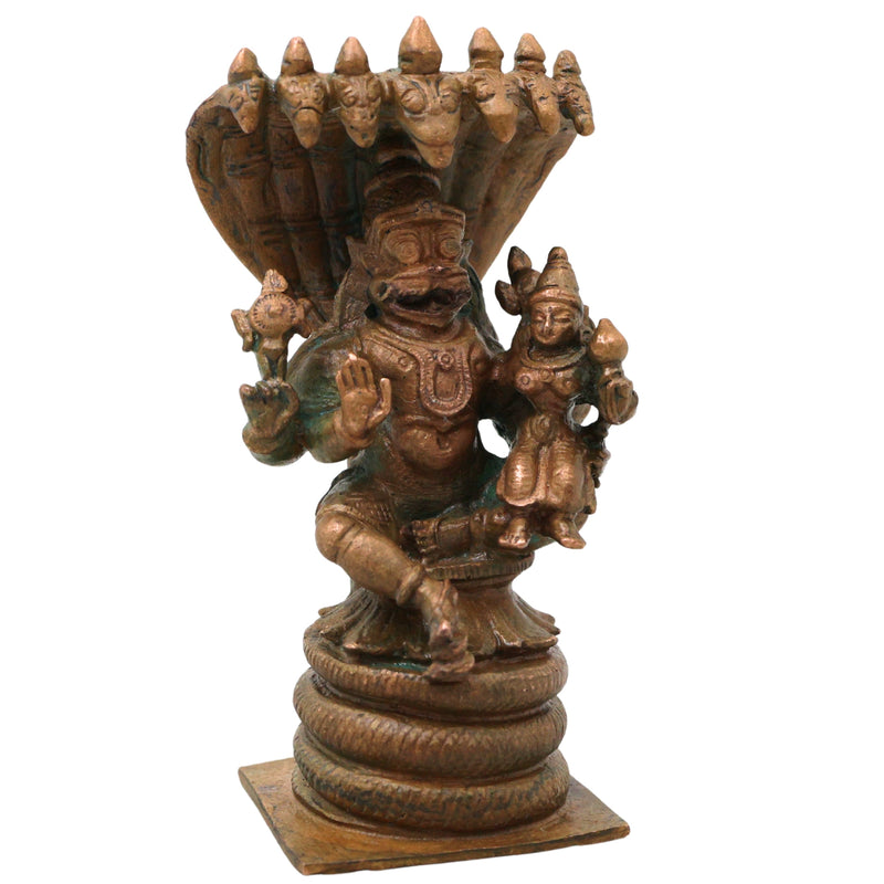 Bronze Lakshmi Narasimha Idol Ugra Narasimha Swamy Narahari Murti Vishnu Avatar Statue for Puja Mandir Home Decor, Brown, 4 Inch, 1 Piece