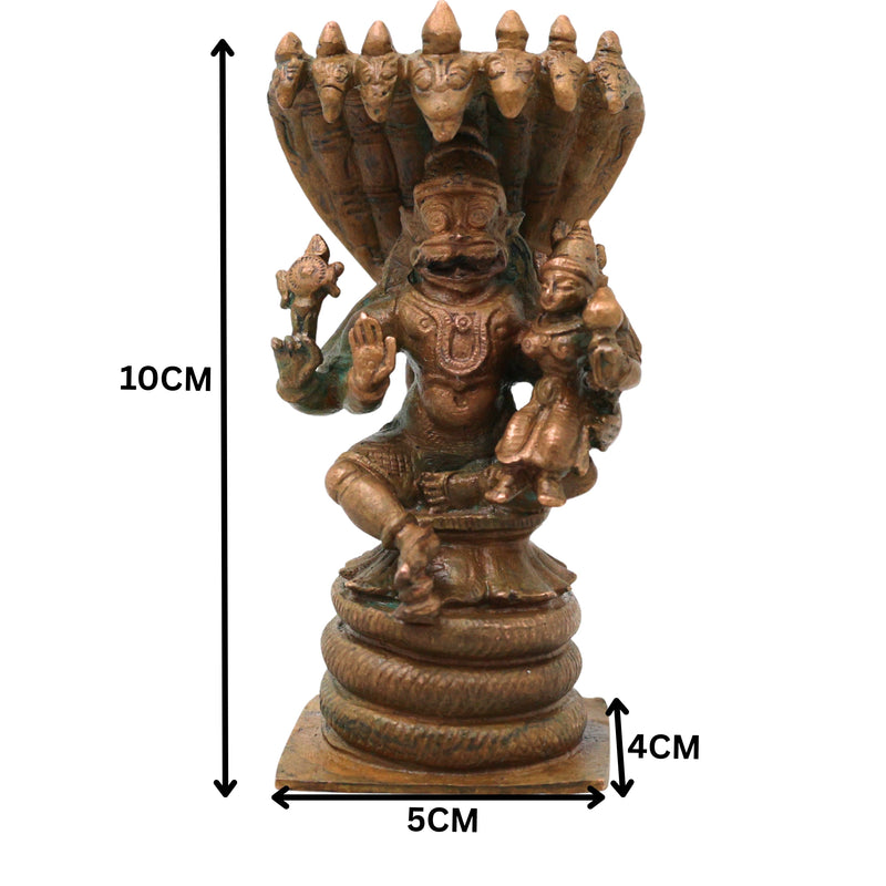Bronze Lakshmi Narasimha Idol Ugra Narasimha Swamy Narahari Murti Vishnu Avatar Statue for Puja Mandir Home Decor, Brown, 4 Inch, 1 Piece