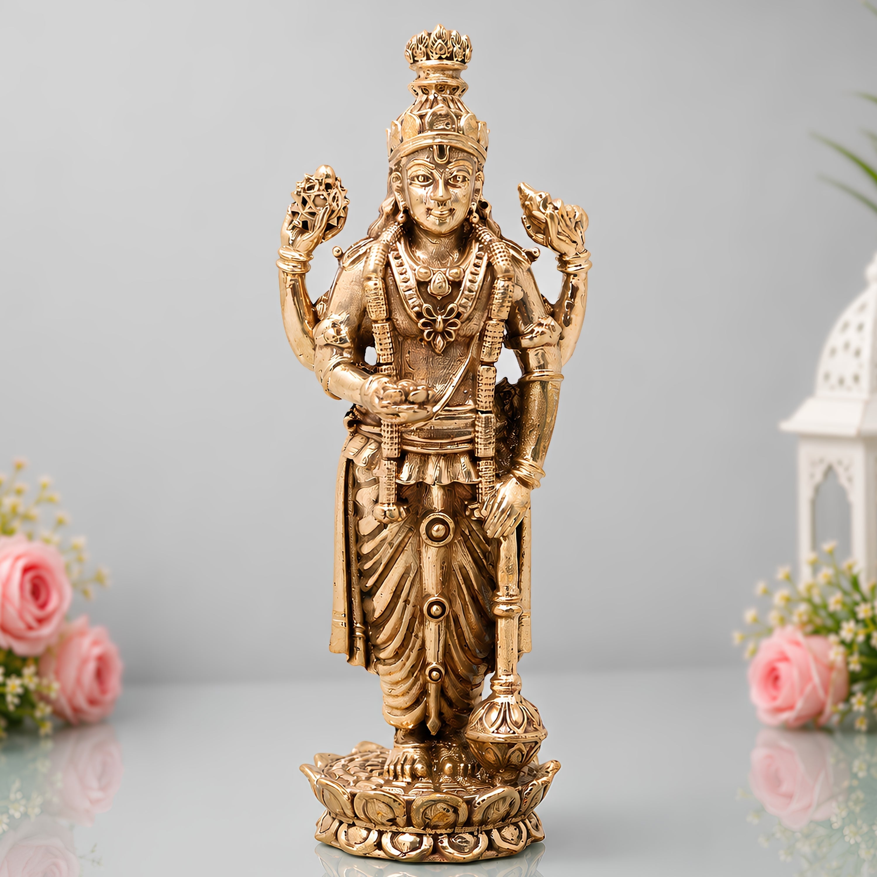 Bronze Vishnu Handcrafted Chola Narayana Perumal Idol for Pooja, Home Decor, Temple Worship & Gifting, Gold, 4 Inch, 1 Piece