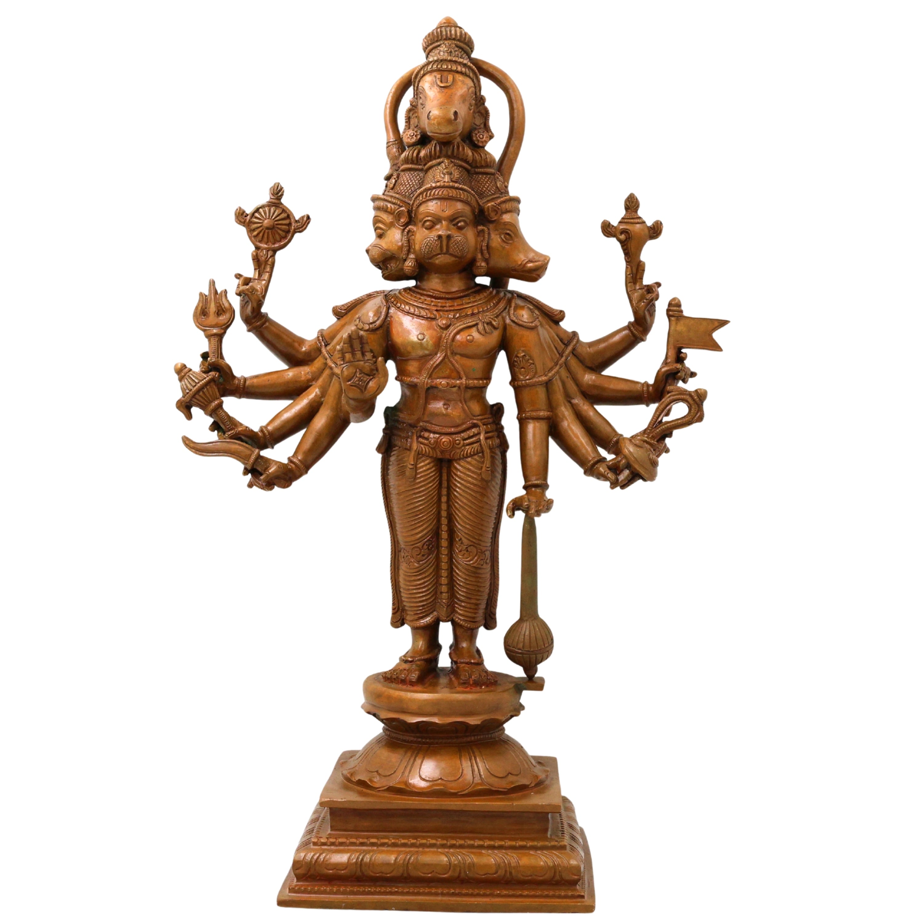 Bronze Panchamukhi Hanuman Idol Five Faced Anjaneya Statue for Puja Decor, Brown, 15 Inch, 1 Piece