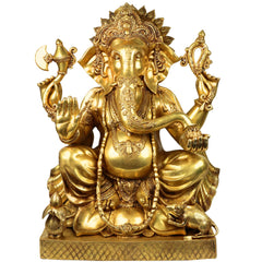 Brass Ganesha Idol Ganapati Vinayaka Vigneshwara Murti Large Temple Decor Statue, Gold, 30.5 Inch, 1 Piece
