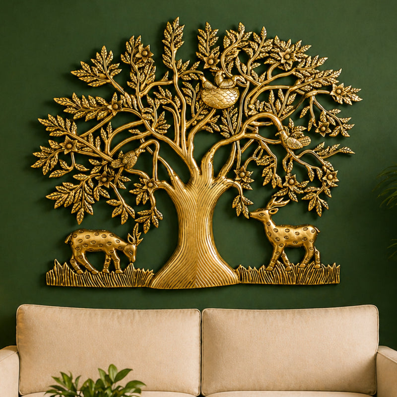 Brass Kalpavriksha Tree of Life Wall Hanging Idol Peetal Pital Pittal Murti Vastu Feng Shui Home Decor Sculpture 47cm, Gold, 16 Inch, 1 Piece