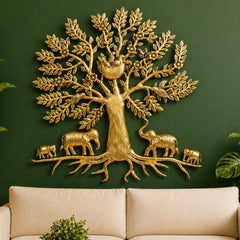 Brass Kalpavriksha Tree of Life Wall Hanging Murti Vigraha Pital Peetal Sacred Vastu Feng Shui Decor Sculpture for Home Living Room Pooja Room Gift Showpiece, Gold, 25.5 Inch, 1 Piece