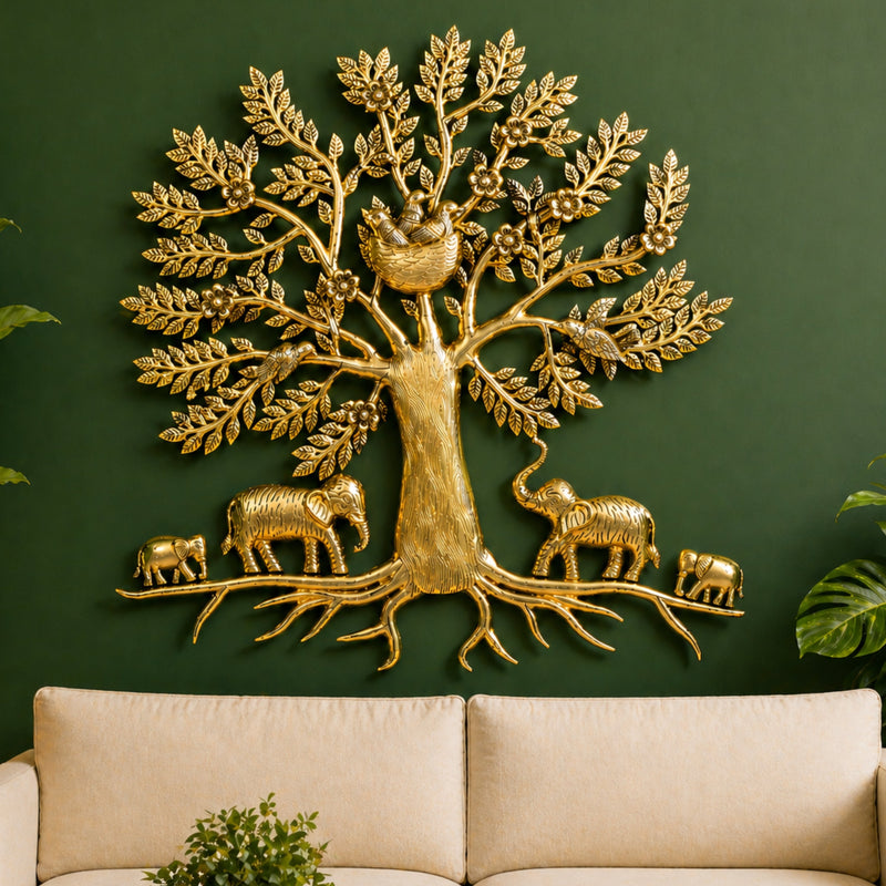 Brass Kalpavriksha Tree of Life Wall Hanging Murti Vigraha Pital Peetal Sacred Vastu Feng Shui Decor Sculpture for Home Living Room Pooja Room Gift Showpiece, Gold, 25.5 Inch, 1 Piece