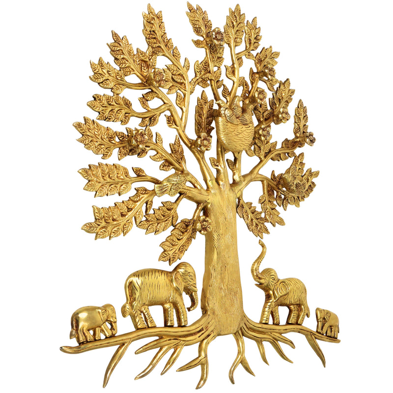 Brass Kalpavriksha Tree of Life Wall Hanging Murti Vigraha Pital Peetal Sacred Vastu Feng Shui Decor Sculpture for Home Living Room Pooja Room Gift Showpiece, Gold, 25.5 Inch, 1 Piece
