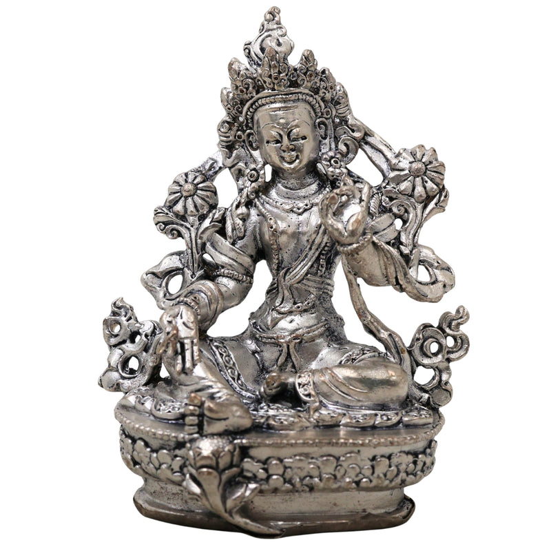 Brass Tara Maa Idol Silver Coated, Maa Tara Devi Murti, Mahavidya Ugra Tara, Neel Saraswati, Tarini Maa Statue for Puja, Home Decor & Spiritual Gift, Silver, 3.5 Inch, 1 Piece