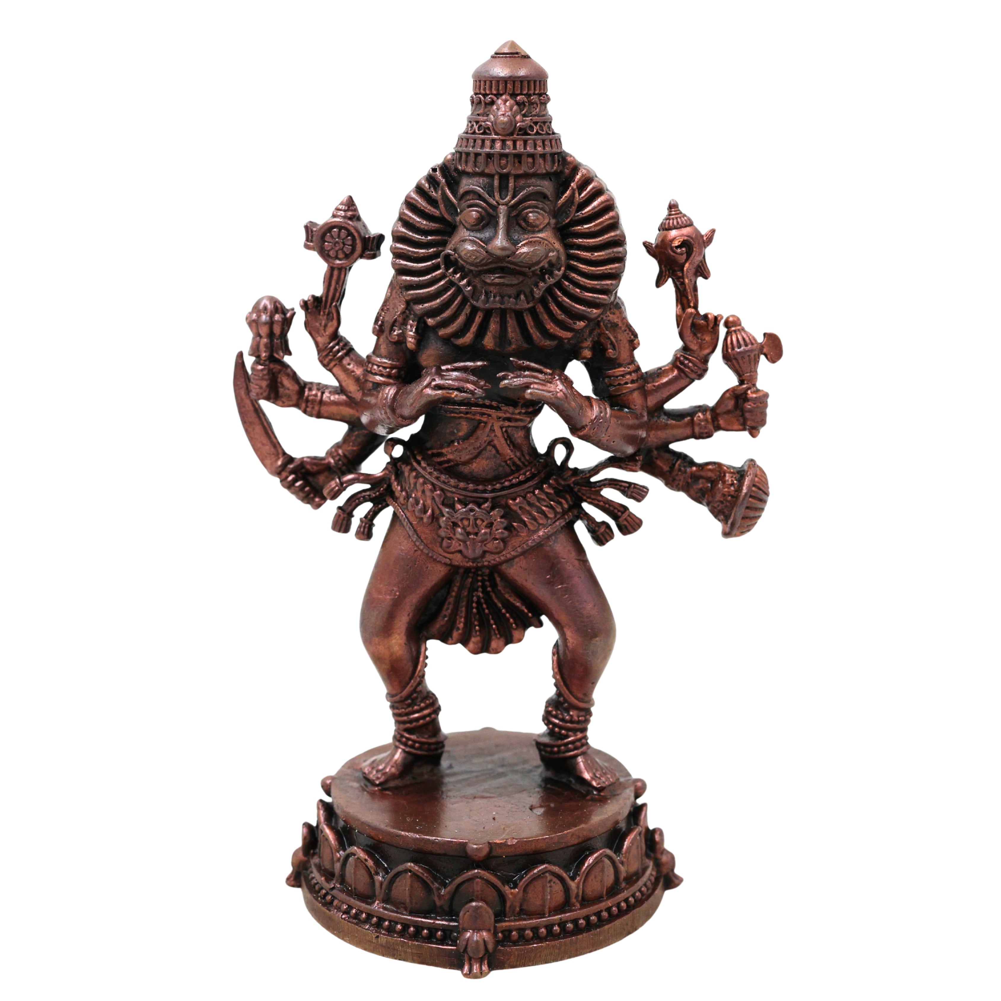 Copper Narasimha Idol, Ugra Narasimha Swamy Murti, Narasimhar Narasimhudu Narasingha Bhagwan Vishnu Avatar Statue for Home Temple Puja Decor, Tamra Finish Sculpture, Brown, 5 Inch, 1 Piece