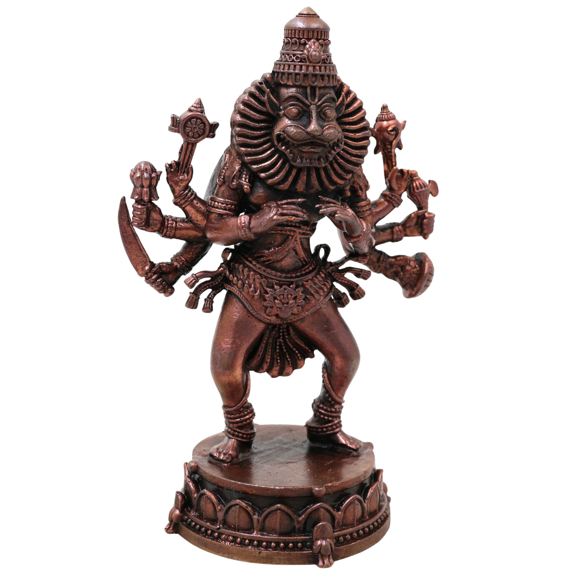 Copper Narasimha Idol, Ugra Narasimha Swamy Murti, Narasimhar Narasimhudu Narasingha Bhagwan Vishnu Avatar Statue for Home Temple Puja Decor, Tamra Finish Sculpture, Brown, 5 Inch, 1 Piece