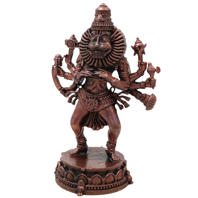 Copper Narasimha Idol, Ugra Narasimha Swamy Murti, Narasimhar Narasimhudu Narasingha Bhagwan Vishnu Avatar Statue for Home Temple Puja Decor, Tamra Finish Sculpture, Brown, 5 Inch, 1 Piece