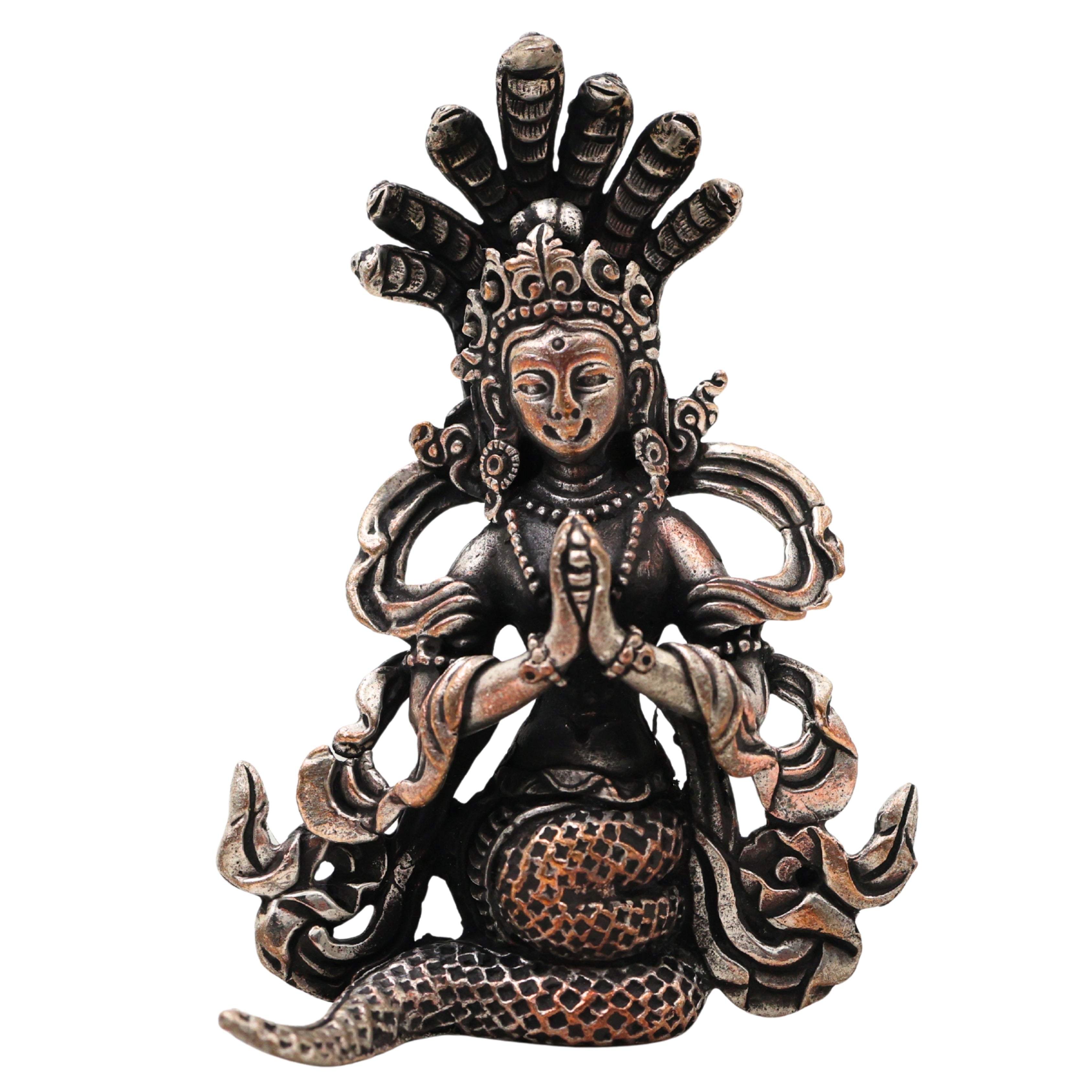 Brass Naga Kanya Idol Silver Coated Sarpa Kanya Nag Devi Murti Serpent Goddess Vigraha Snake Goddess Statue for Home Temple Pooja Decor Vastu Spiritual Gift India, Silver, 3.5 Inch, 1 Piece