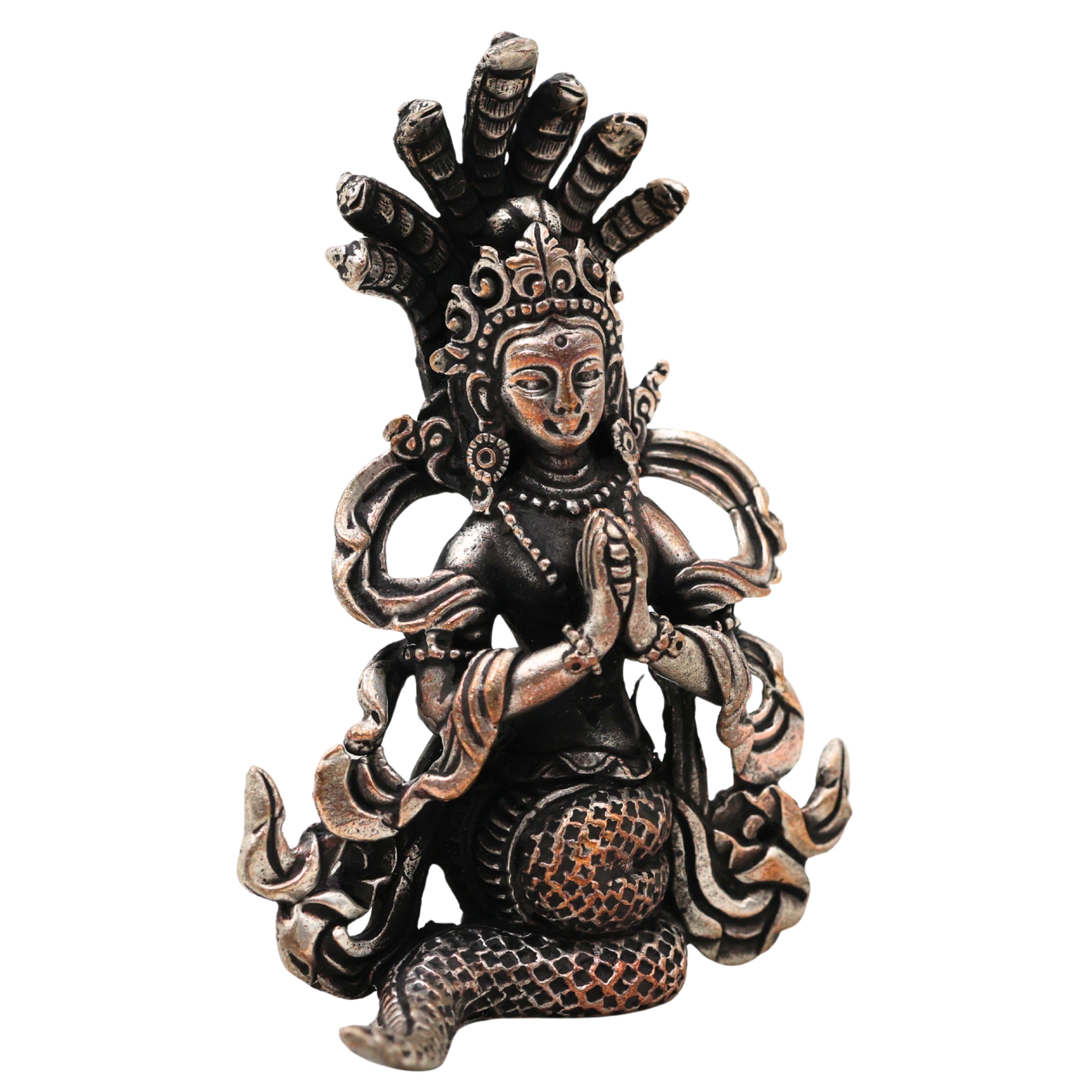 Brass Naga Kanya Idol Silver Coated Sarpa Kanya Nag Devi Murti Serpent Goddess Vigraha Snake Goddess Statue for Home Temple Pooja Decor Vastu Spiritual Gift India, Silver, 3.5 Inch, 1 Piece