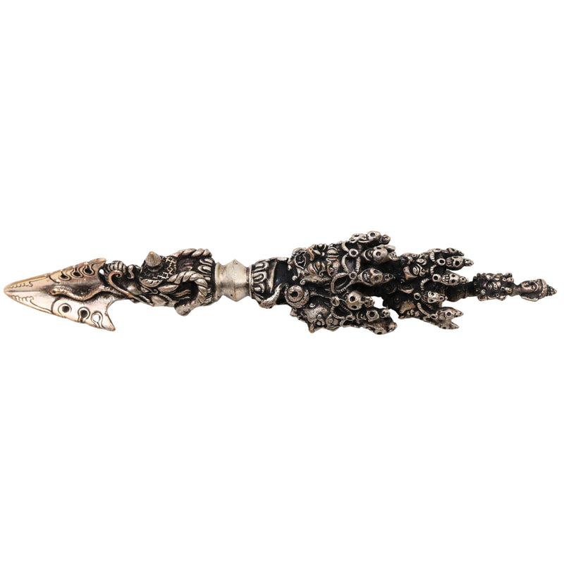 Brass With Silver Coated Handcrafted Phurba Idol Vajrakilaya Kila, Tibetan Ritual Dagger Vajra Kila Statue, Buddhist Tantric Dorje Phurba for Puja, Meditation, Energy Protection & Spiritual Decor, Silver, 6.5 Inch, 1 Piece