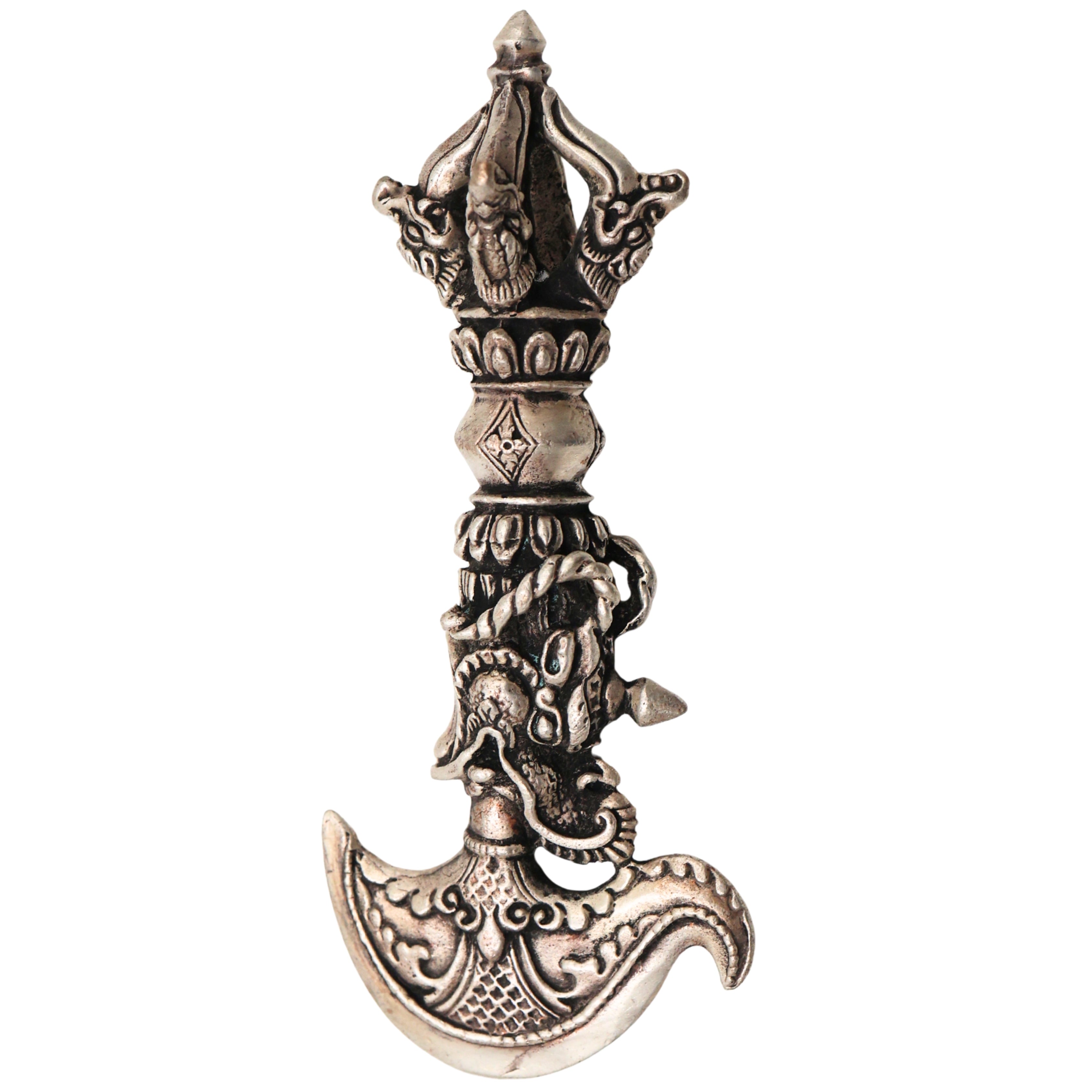 Brass With Silver Coated Handcrafted Dorje Vajra Idol, Tibetan Vajrayudha Indra Vajra Thunderbolt Symbol Statue, Peetal Pittal Dorji Dorjee Bajra Spiritual Puja Meditation Decor, Silver, 4 Inch, 1 Piece