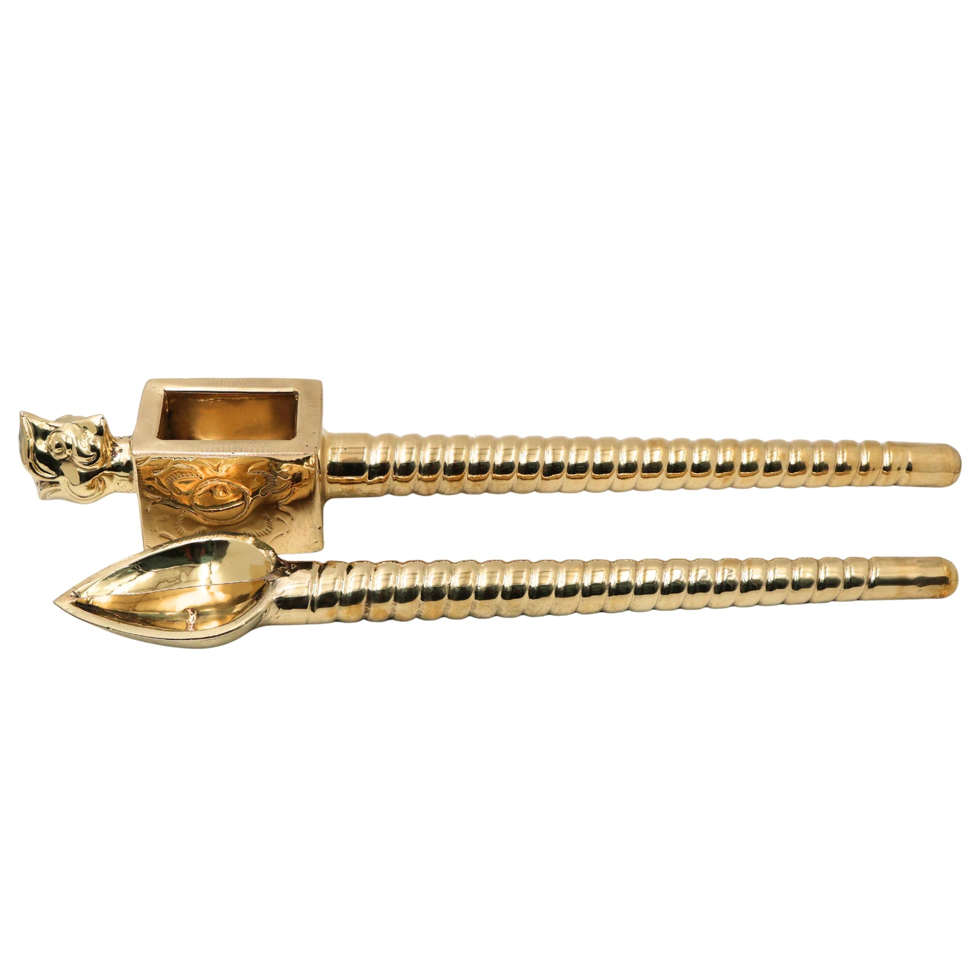 Brass Handcrafted Havan Spoon Set for Yajna, Sruk With Yali Face, Sruva Yagya & Agnihotra Rituals, Traditional Puja Ladle, Ghee Offering Spoon for Sacred Fire Ceremonies (Set of 2), Gold, 19 Inch, 2 Piece