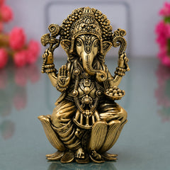 Brass Ganesha Idol Handcrafted Traditional Ganpati Vinayaka Murti for Pooja Home Decor & Gifting, Gold, 4 Inch, 1 Piece