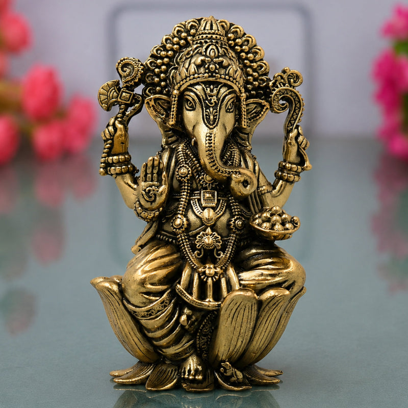 Brass Ganesha Idol Handcrafted Traditional Ganpati Vinayaka Murti for Pooja Home Decor & Gifting, Gold, 4 Inch, 1 Piece