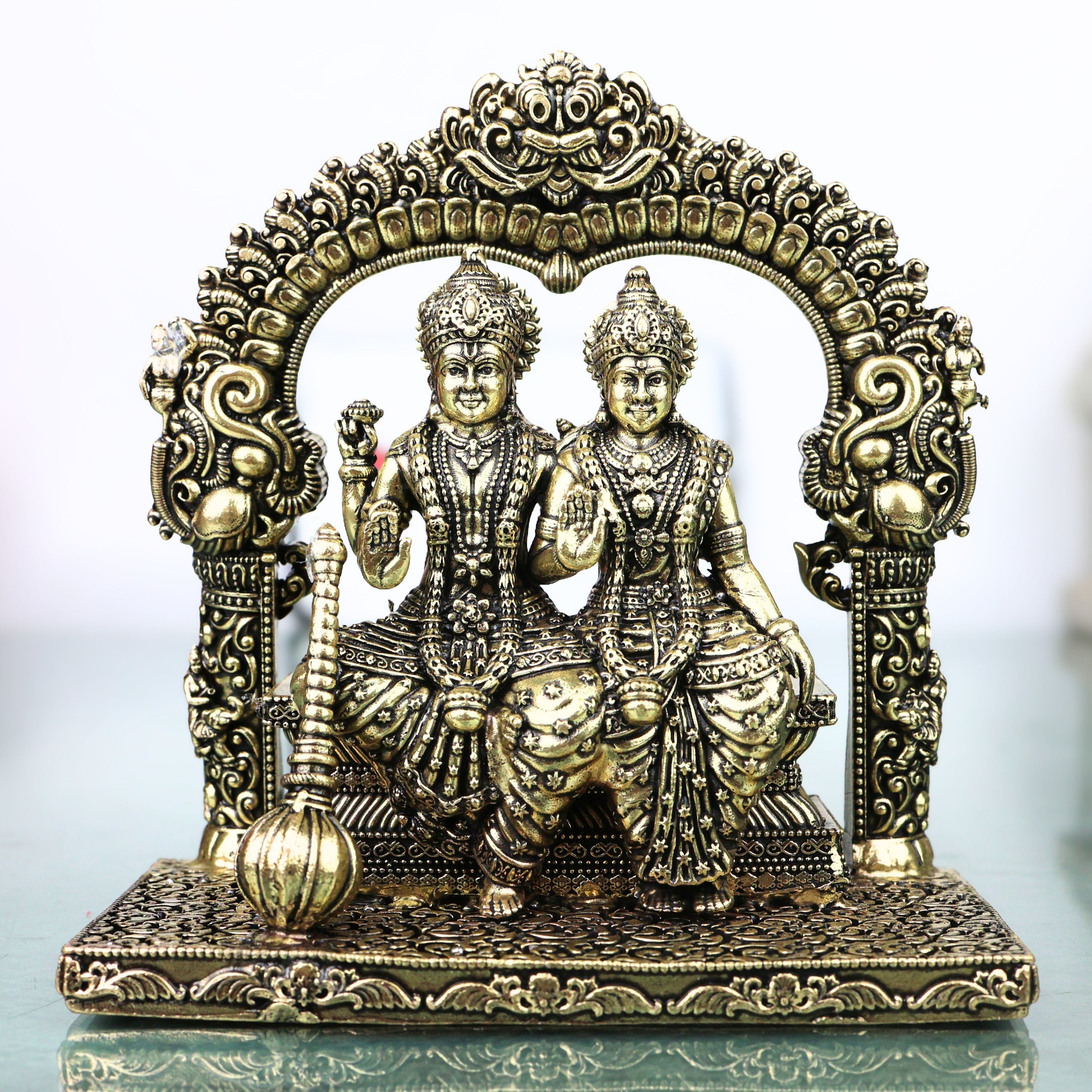 Brass Lakshmi Narayana Idol Handcrafted Traditional Chola Murti for Pooja Home Decor & Spiritual Gifting, Gold, 4.5 Inch, 1 Piece