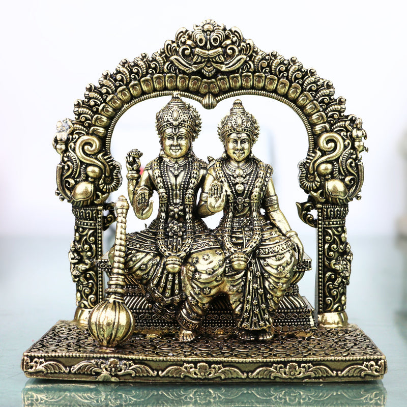 Brass Lakshmi Narayana Idol Handcrafted Traditional Chola Murti for Pooja Home Decor & Spiritual Gifting, Gold, 4.5 Inch, 1 Piece