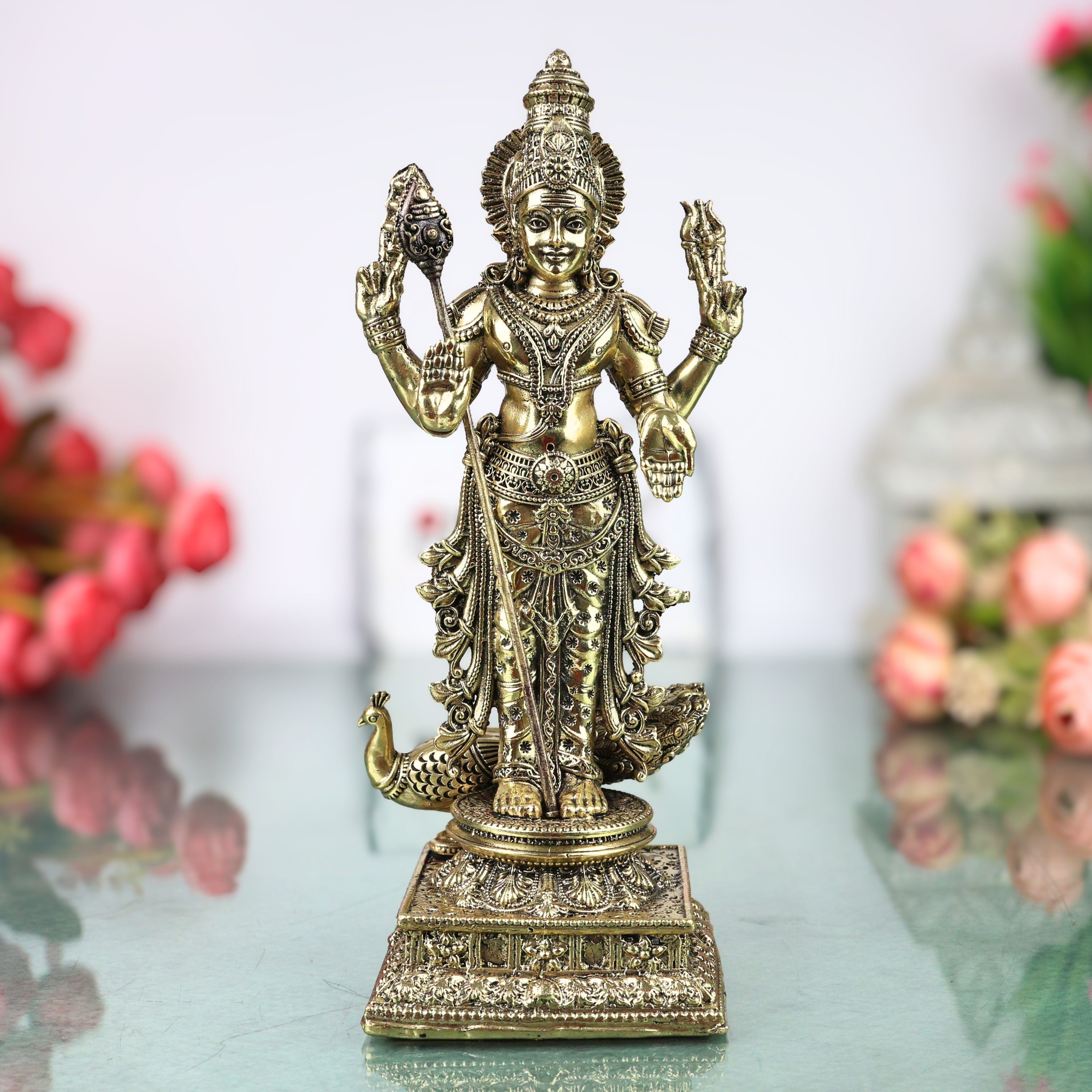 Brass Handcrafted Chola Murugan Idol with Vel,  Lord Subramanya Kartikeya Statue for Pooja Decor & Gifting, Gold, 8 Inch, 1 Piece